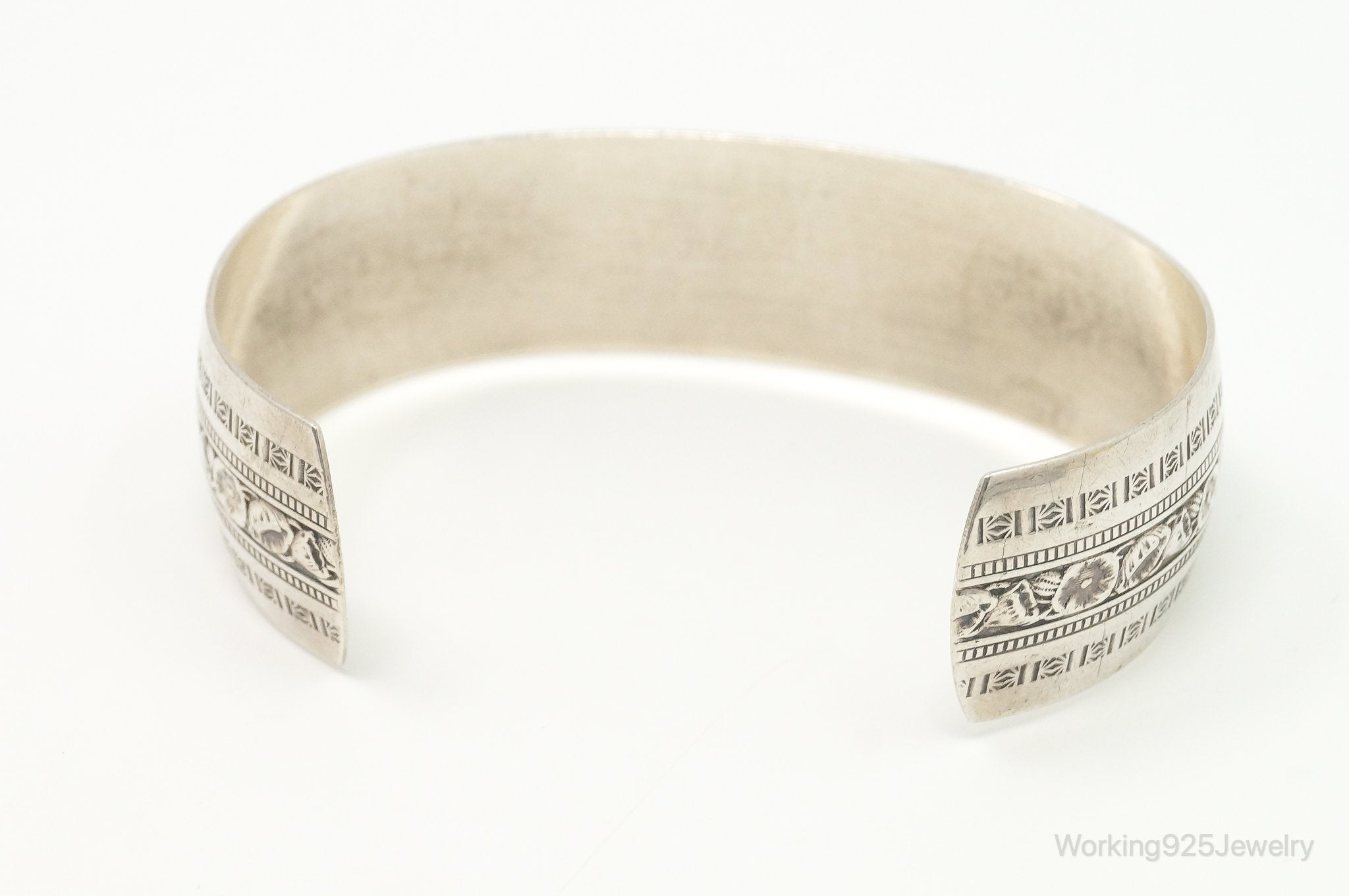 Vintage Designer Danecraft Sterling Silver Floral Wide Cuff Bracelet