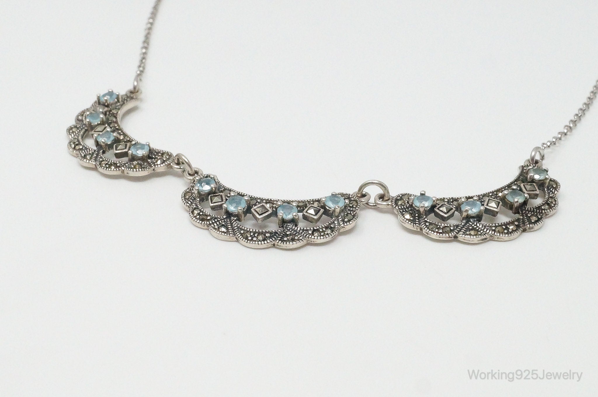 Vintage Art Deco Blue Topaz Marcasite Sterling Silver Necklace