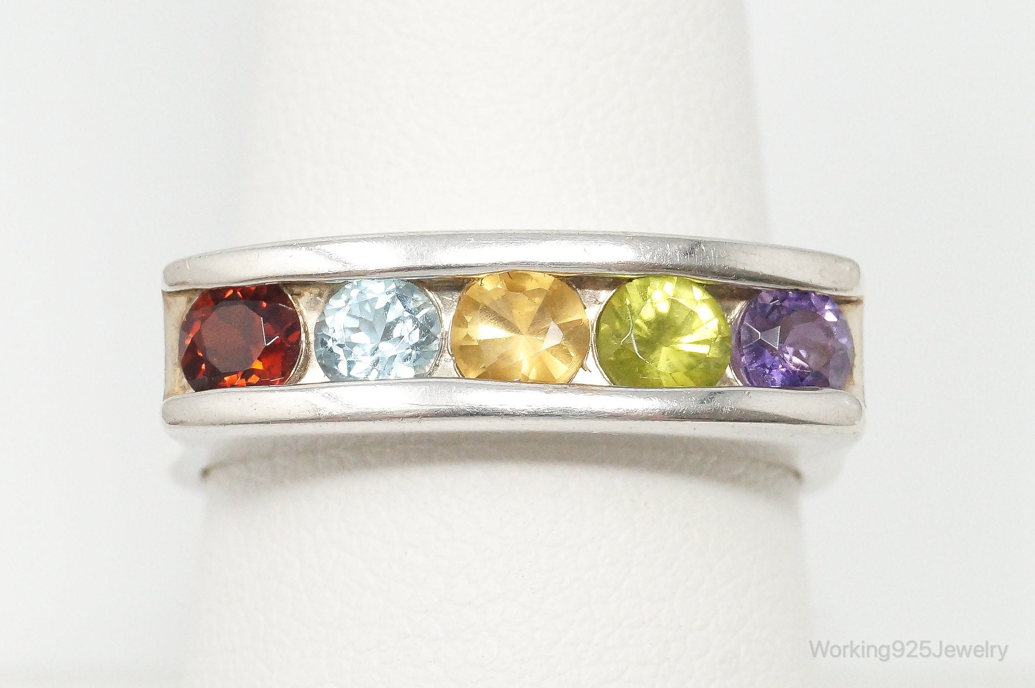 Vintage Designer Multi Gem Rainbow Sterling Silver Ring - Size 9