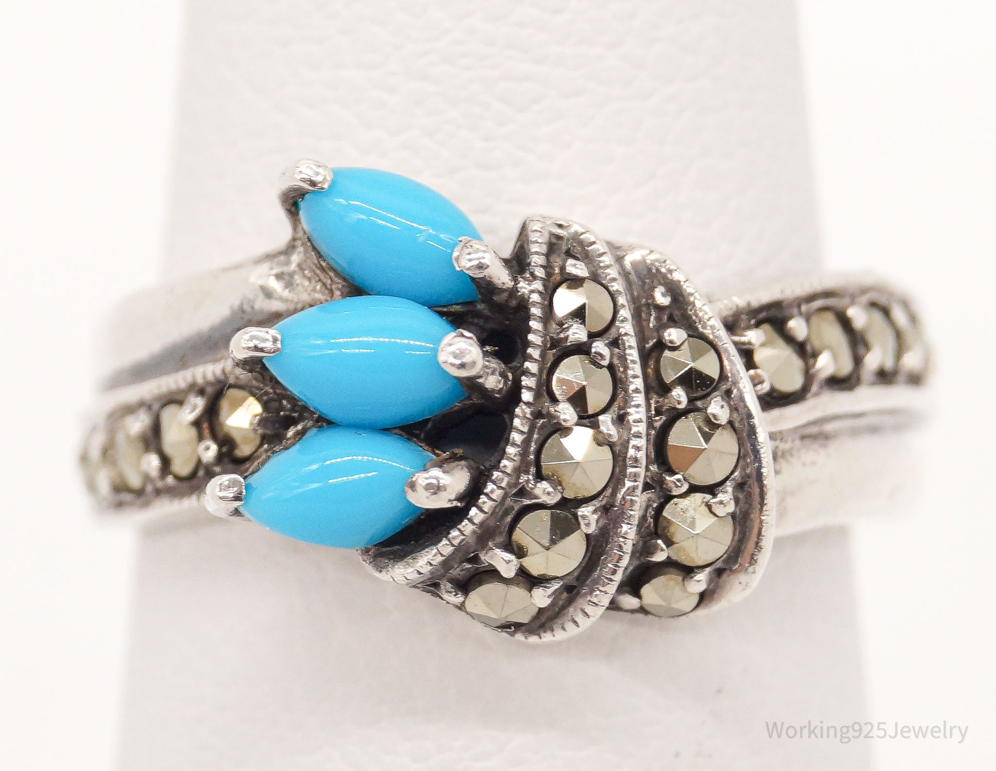 Vintage Art Deco Turquoise Marcasite Silver Ring - Size 4.75