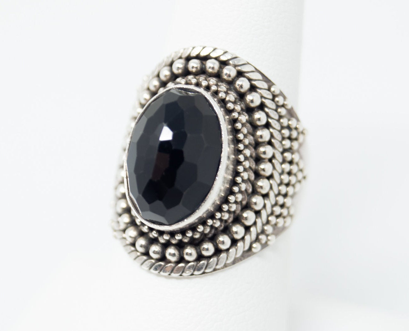 Large Vintage Art Deco Style Black Onyx Statement Sterling Ring - Size 7