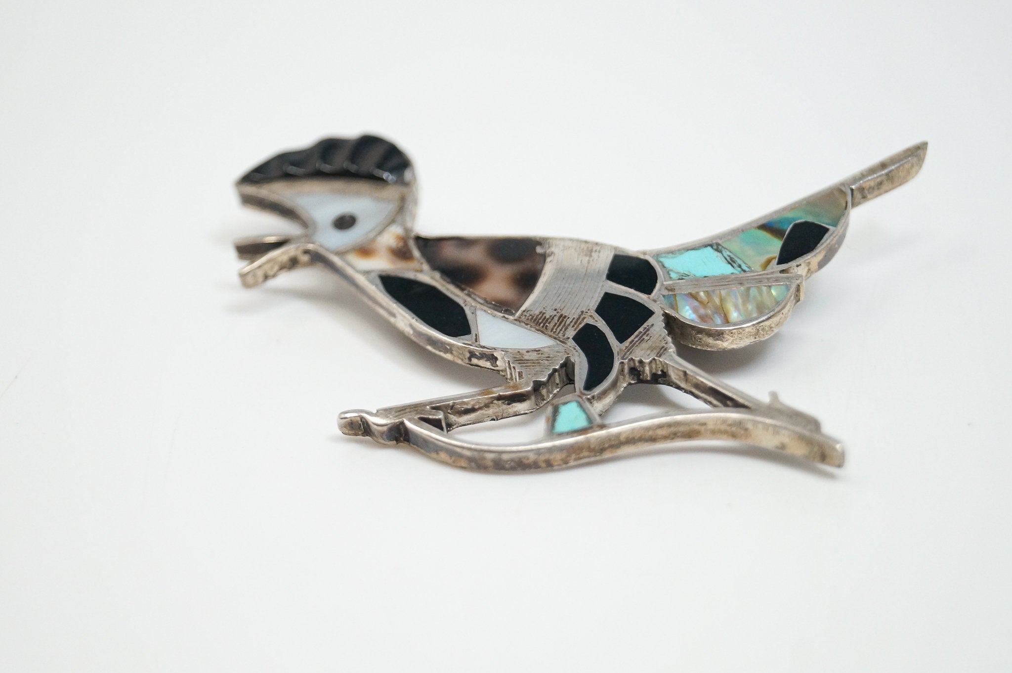 Vintage Handmade Native American Unsigned Roadrunner Sterling Silver Brooch Pin