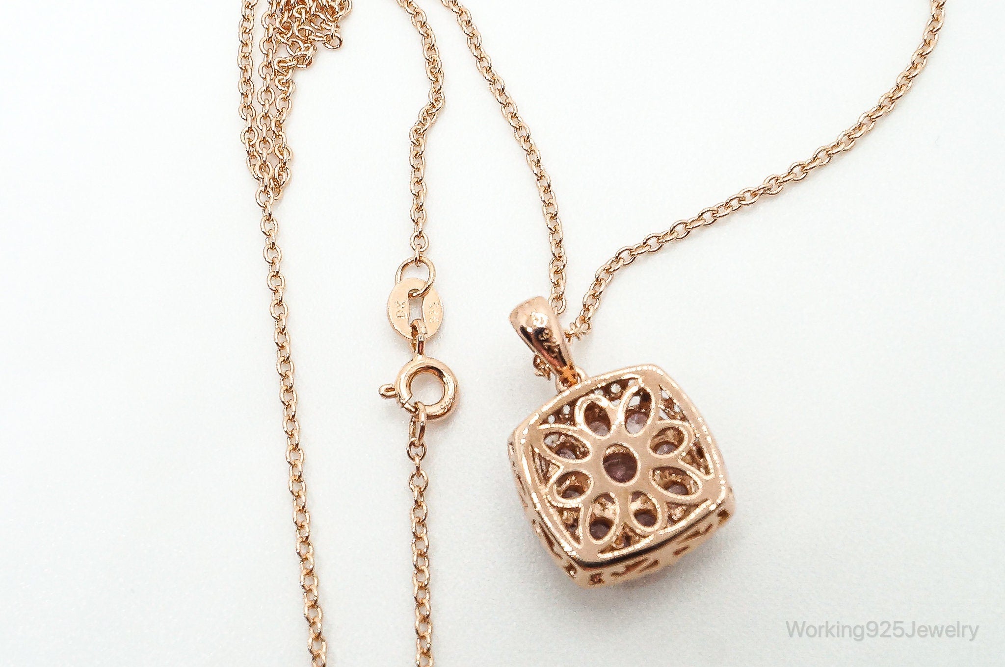 Designer DK White & Pink CZ Rose Gold Vermeil Sterling Silver Necklace