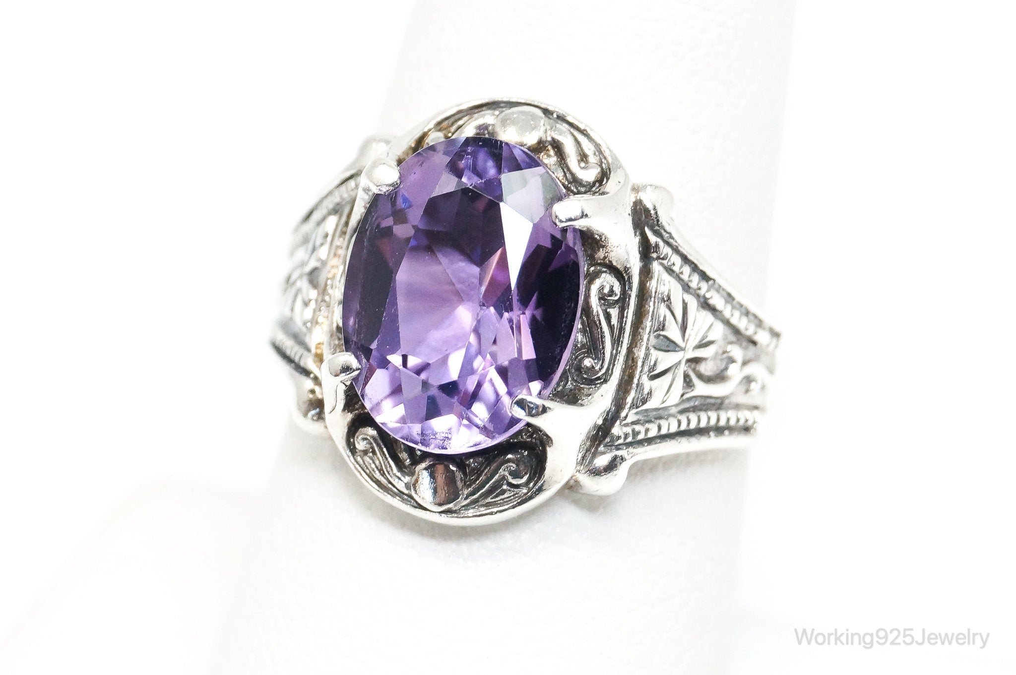 Vintage Designer PD Art Deco Amethyst Sterling Silver Ring - Size 8