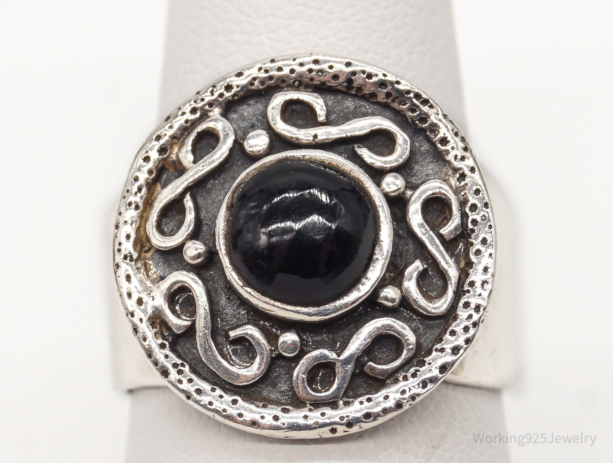 Vintage Black Onyx Infinity Symbols Sterling Silver Ring - Size 7.75 Adjustable