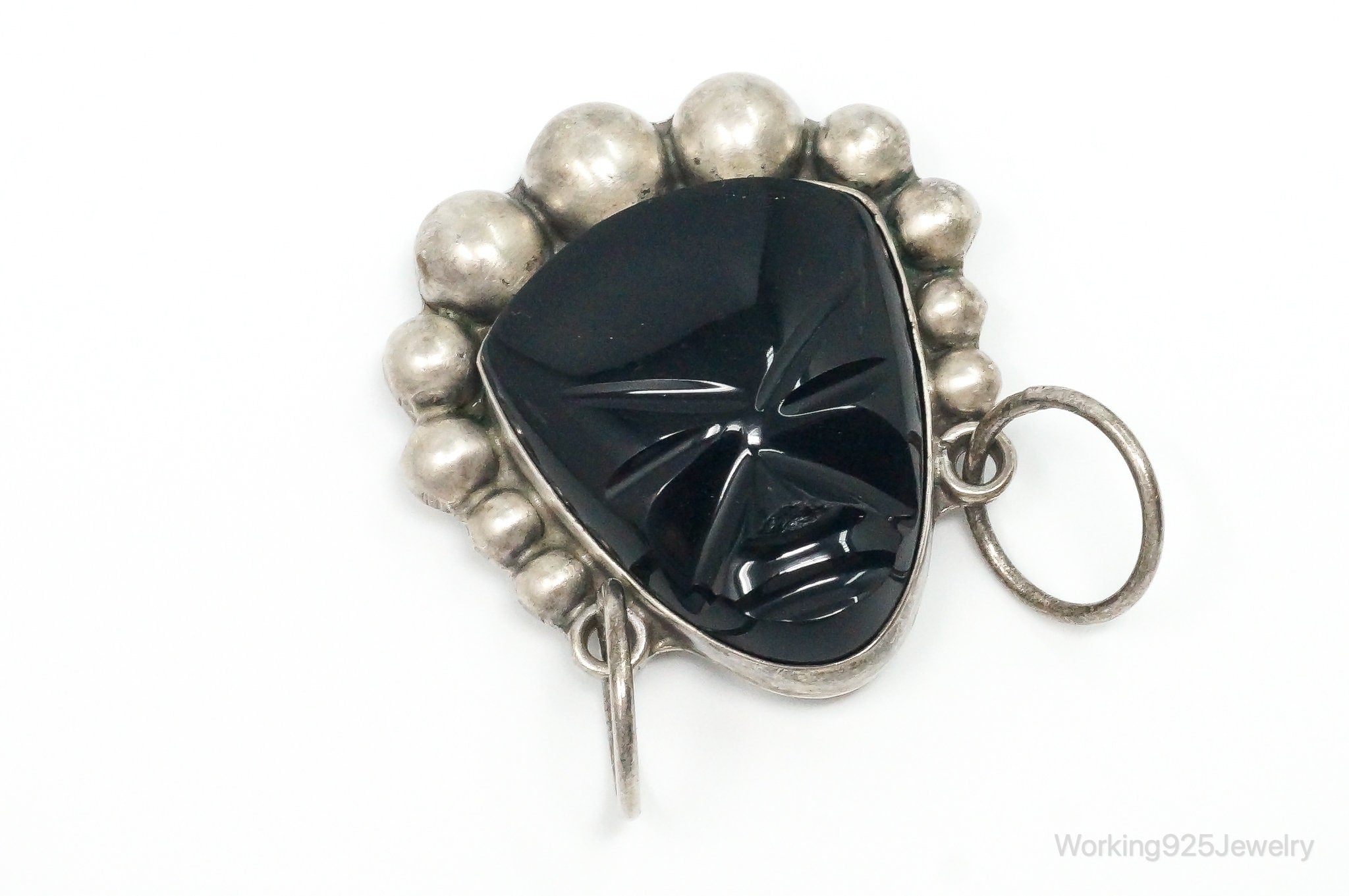 Large VTG Mexico Vaughn’s Black Onyx Tribal Mask Sterling Silver Brooch Pin