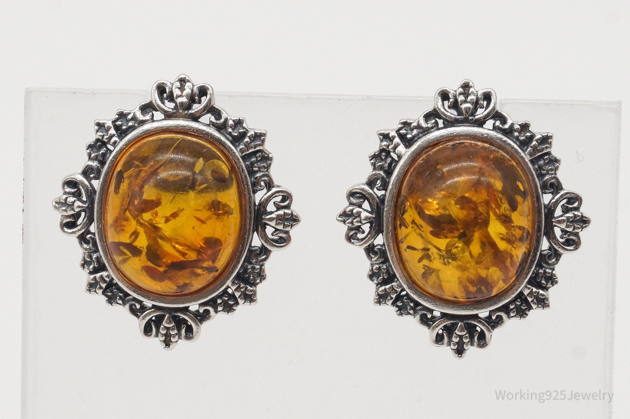 Vintage Amber Sterling Silver Earrings