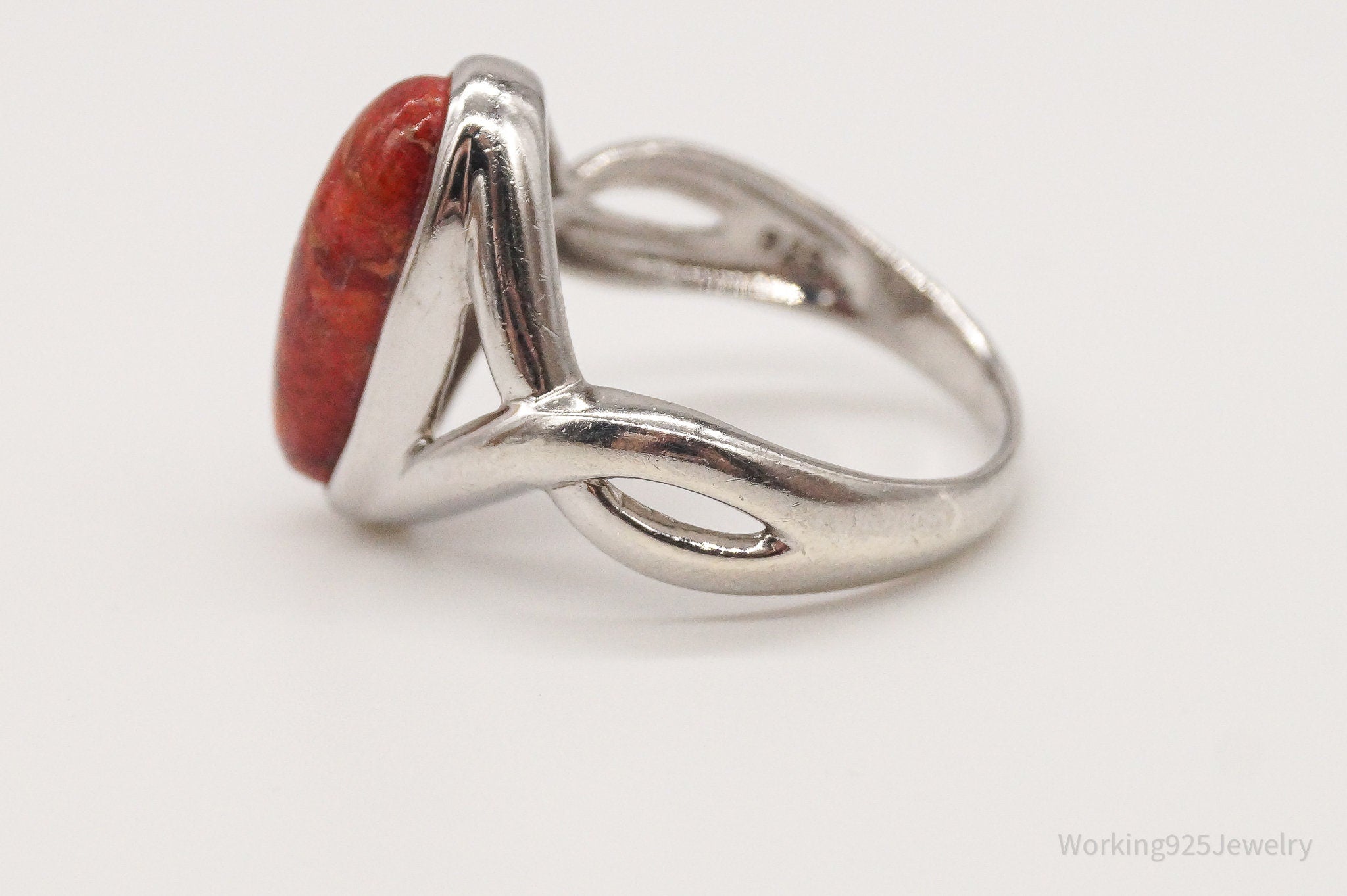 Designer BBJ Red Coral Sterling Silver Ring - Size 8.25