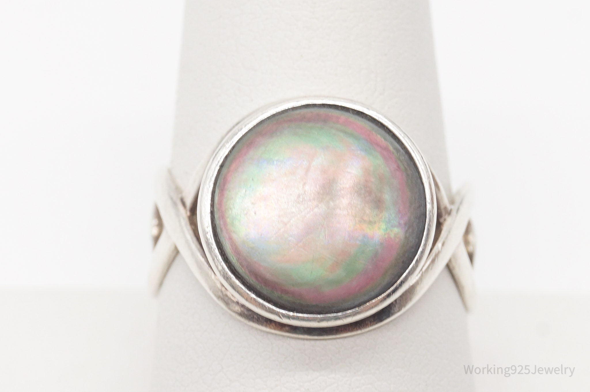 Vintage Abalone Paua Shell Sterling Silver Ring - Size 9