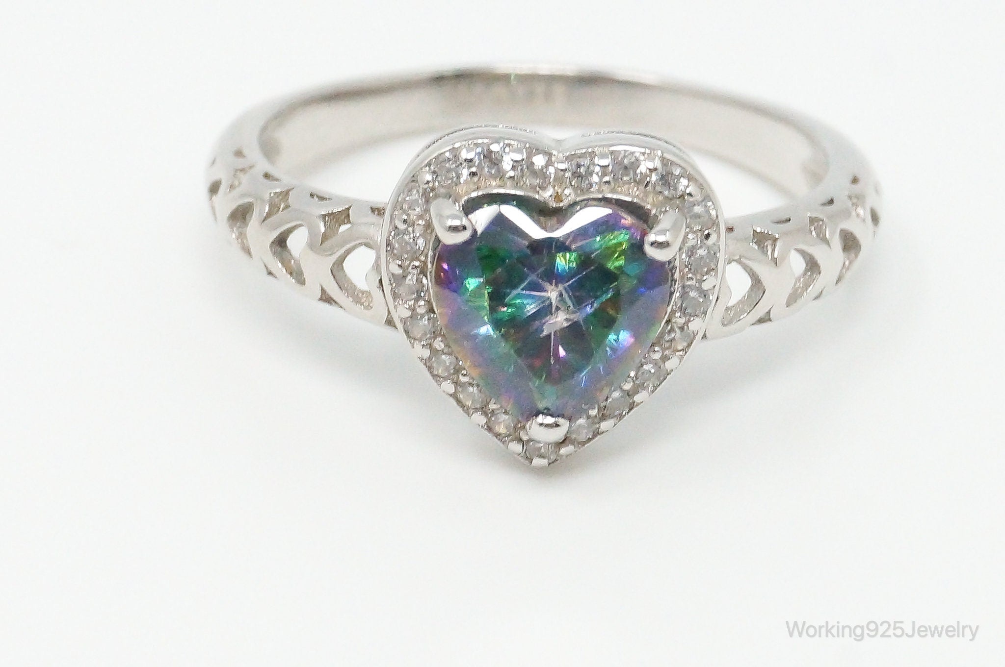 Mystic Topaz Heart Cubic Zirconia Sterling Silver Ring - Size 8