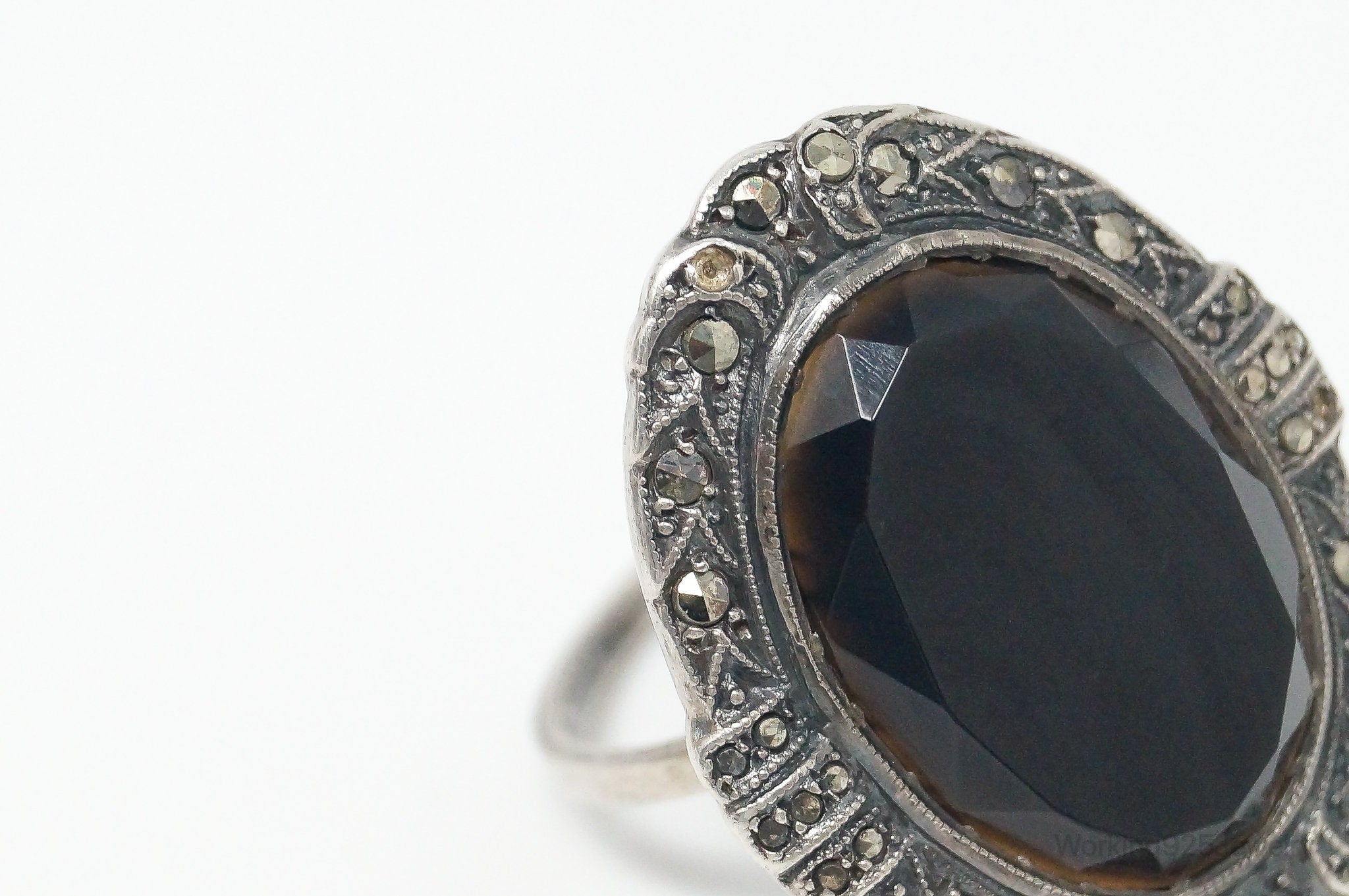 Antique Black Onyx Marcasite Sterling Silver Ring - Size 10.25