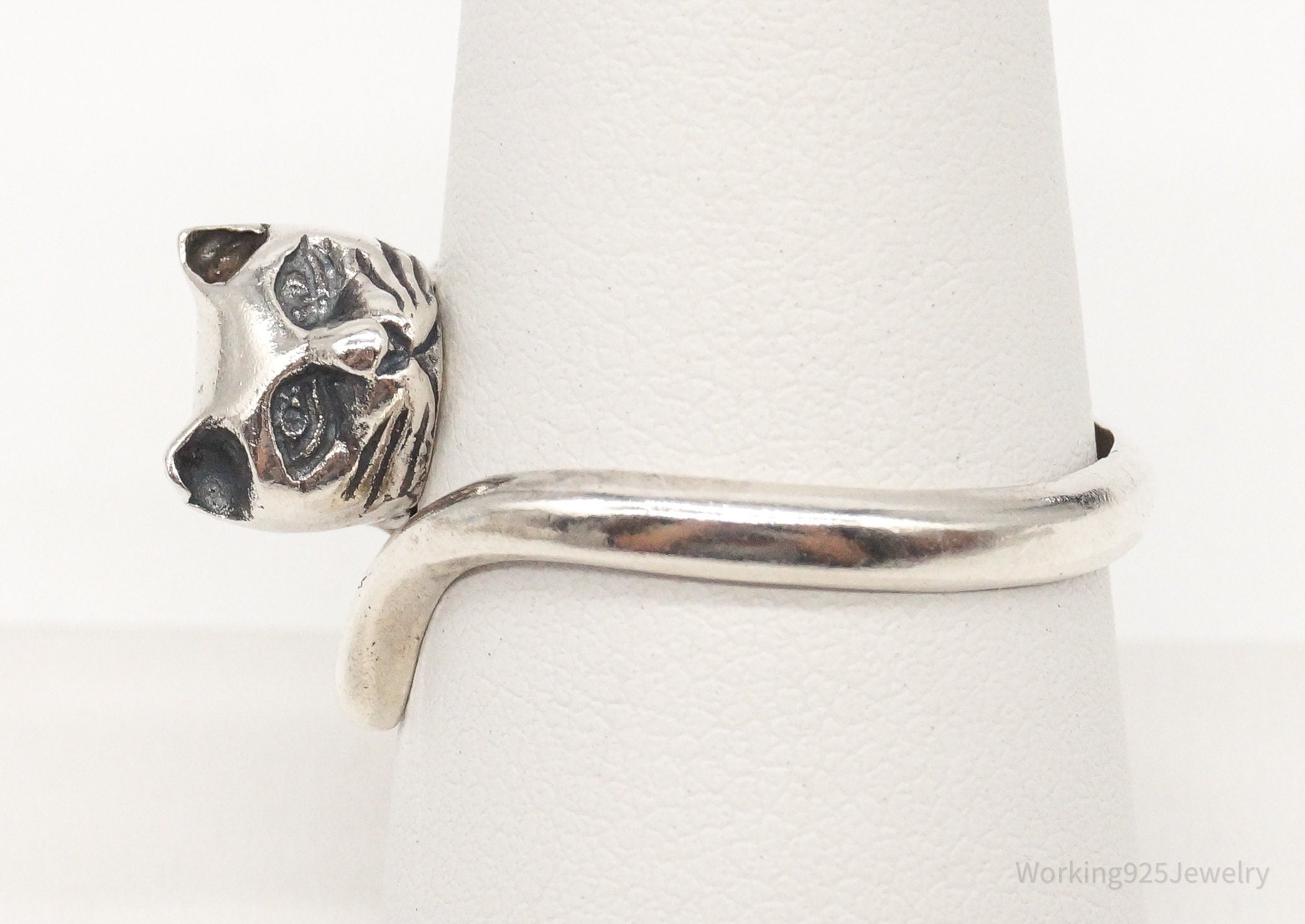 Vintage Designer BOMA Cat Kitty Kitten Sterling Silver Ring - Size 8.25 Adj.