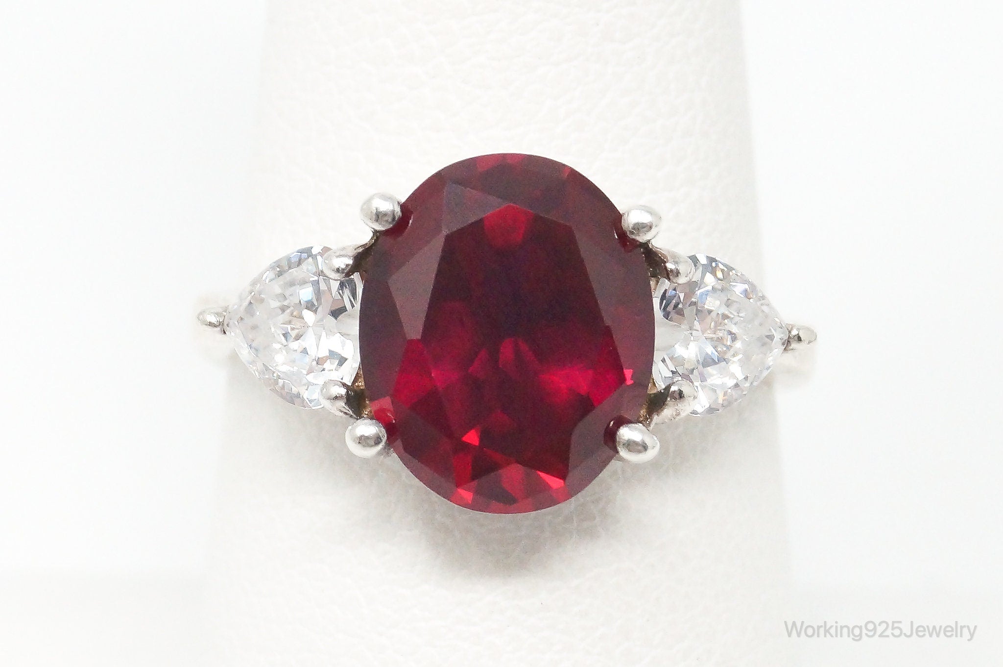 Vintage Lab Ruby Cubic Zirconia Sterling Silver Ring - Size 8