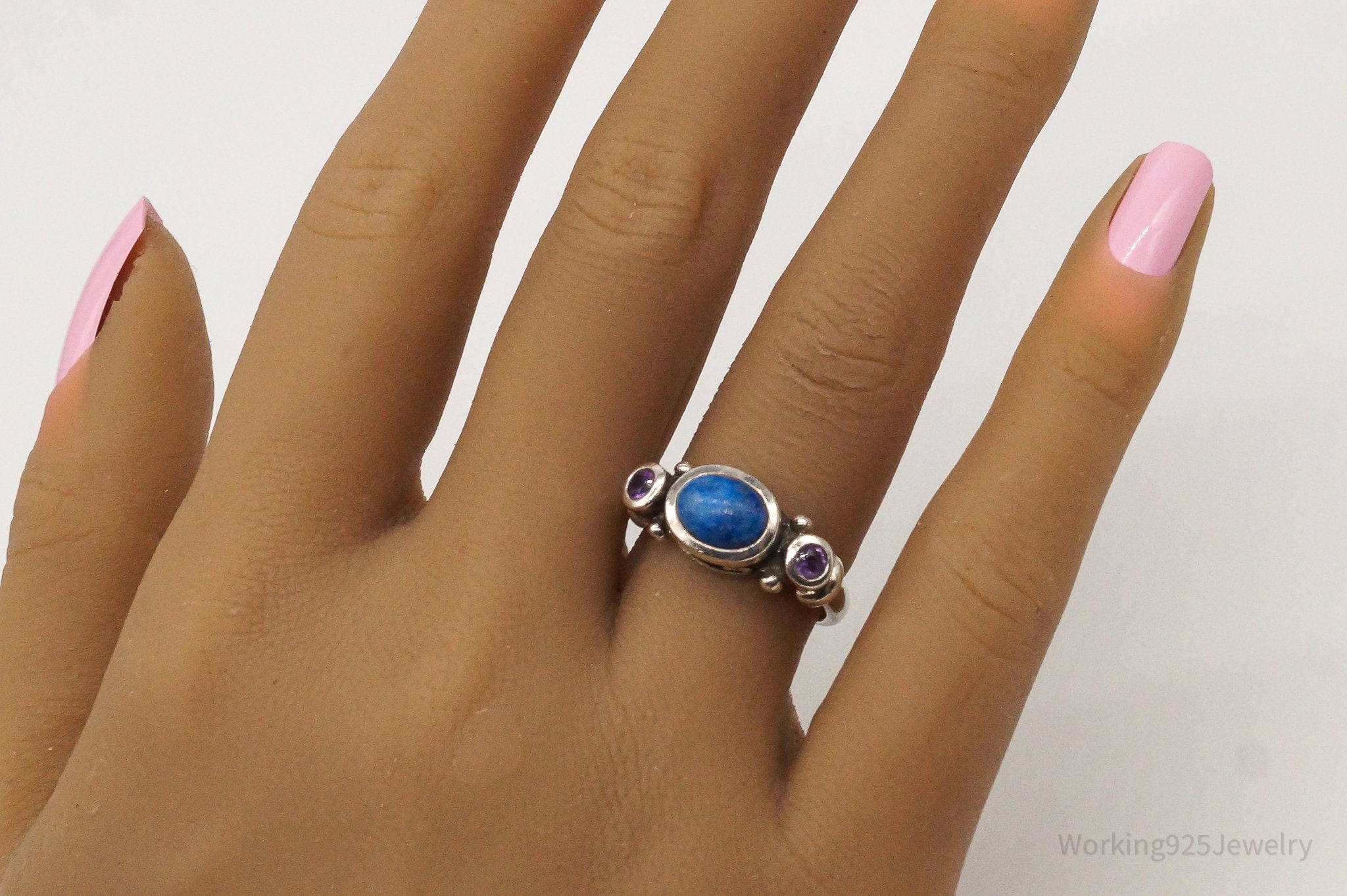 Vintage Lapis Lazuli Amethyst Sterling Silver Ring - Size 6.75