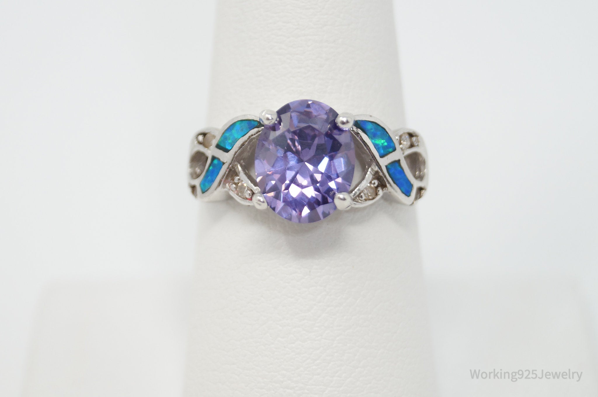 Vintage Designer Amethyst CZ Opal Sterling Silver Ring - Sz 8