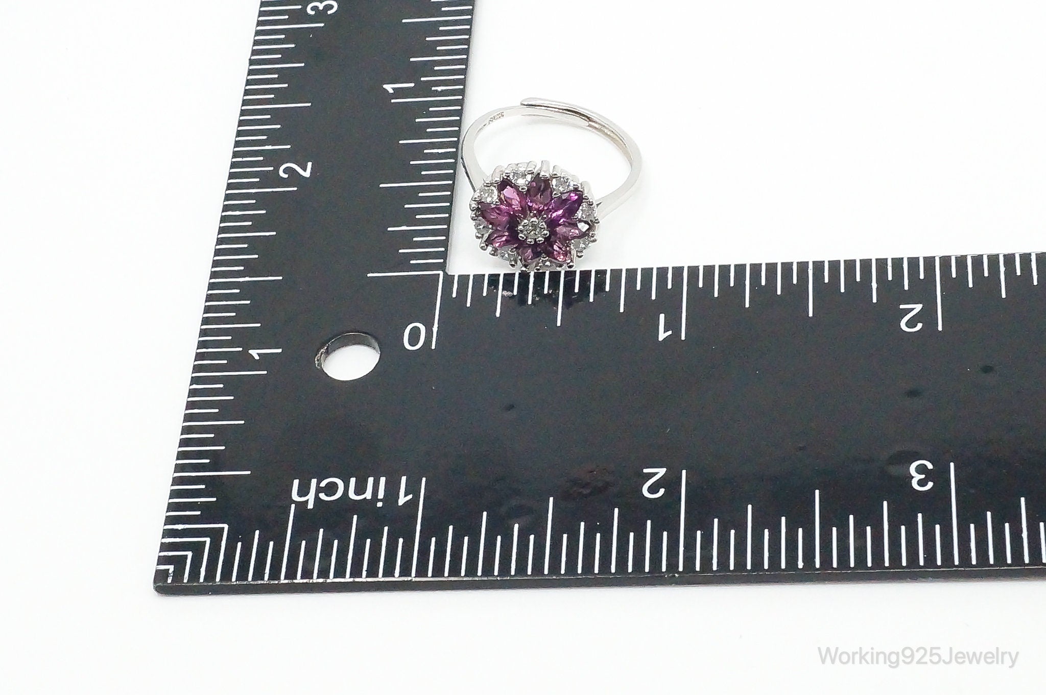 Vintage Amethyst Cubic Zirconia Sterling Silver Flower Ring - SZ 6.75 Adjustable