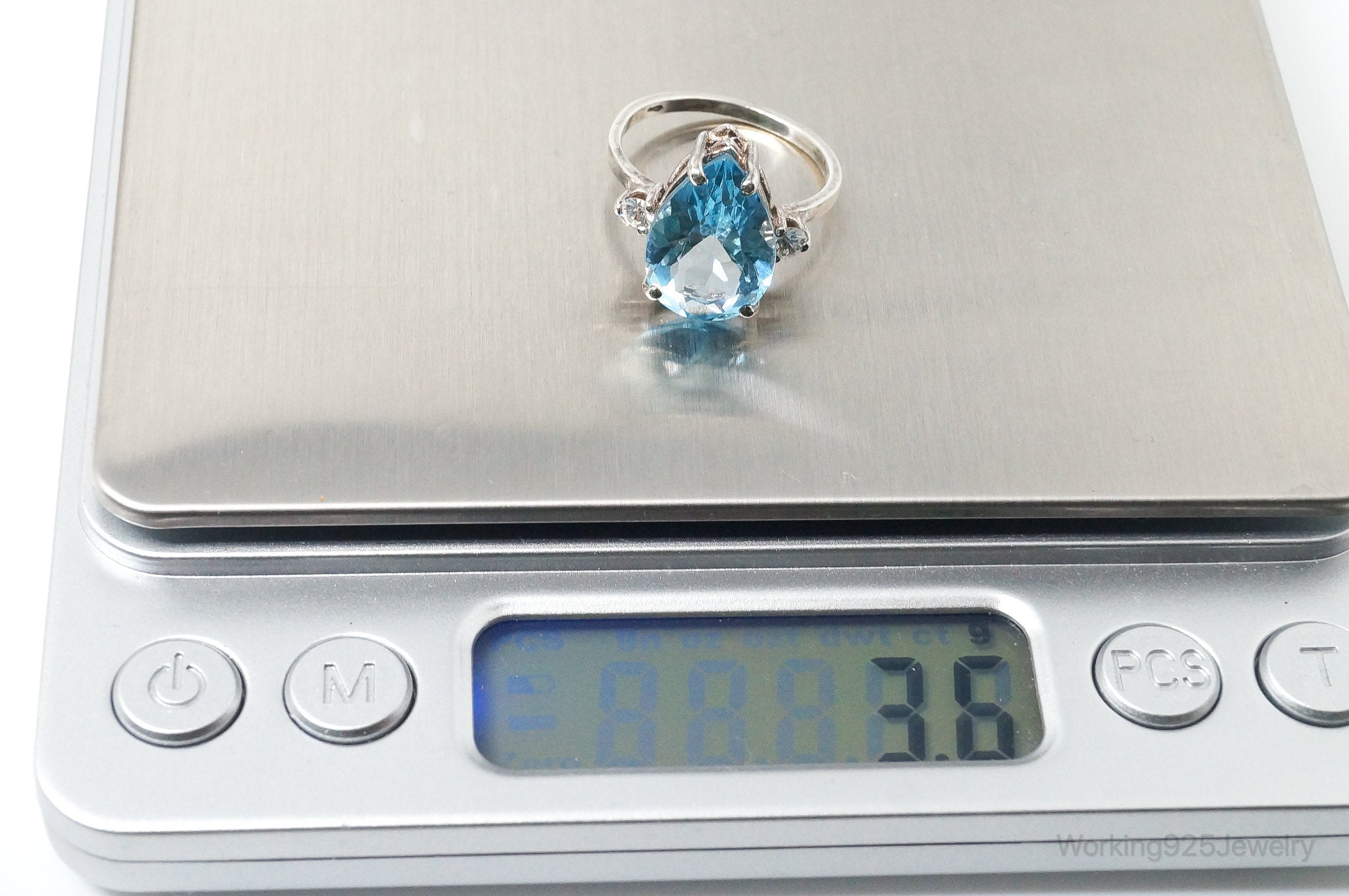 Vintage Large Blue Topaz Cubic Zirconia Sterling Silver Statement Ring Size 6.75