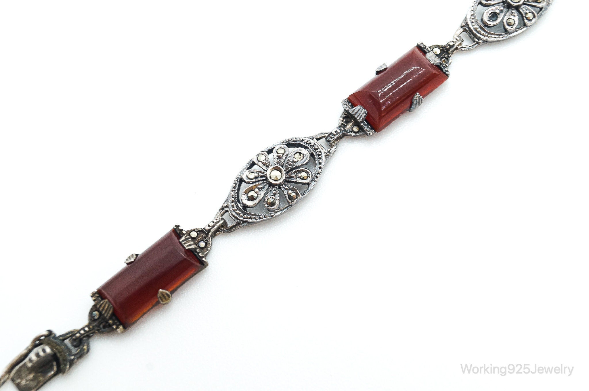 Antique Carnelian Marcasite Sterling Silver Bracelet