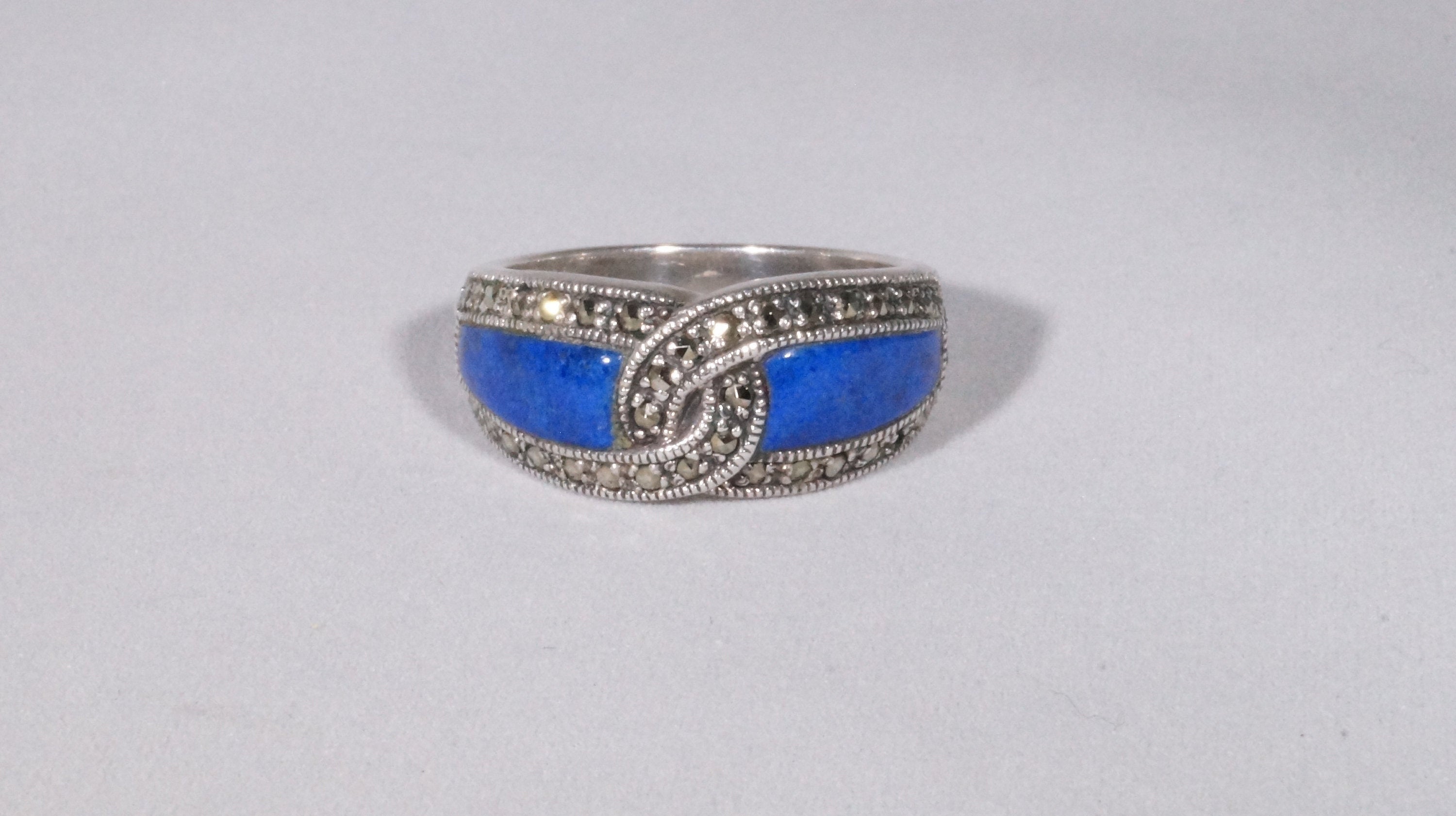 Vintage Lapis Lazuli Marcasite Sterling Silver Cocktail Ring - Size 10