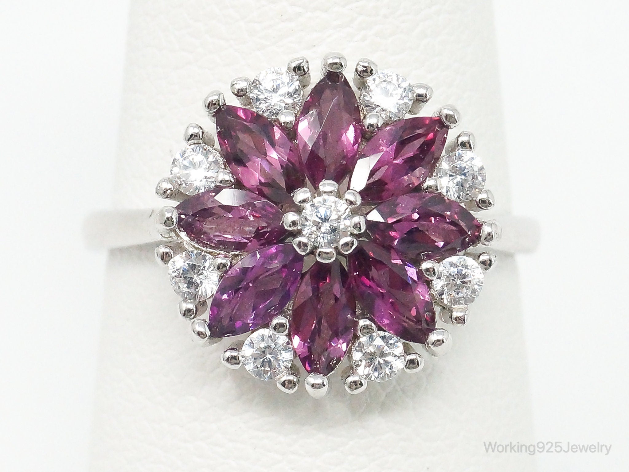 Vintage Amethyst Cubic Zirconia Sterling Silver Flower Ring - SZ 6.75 Adjustable