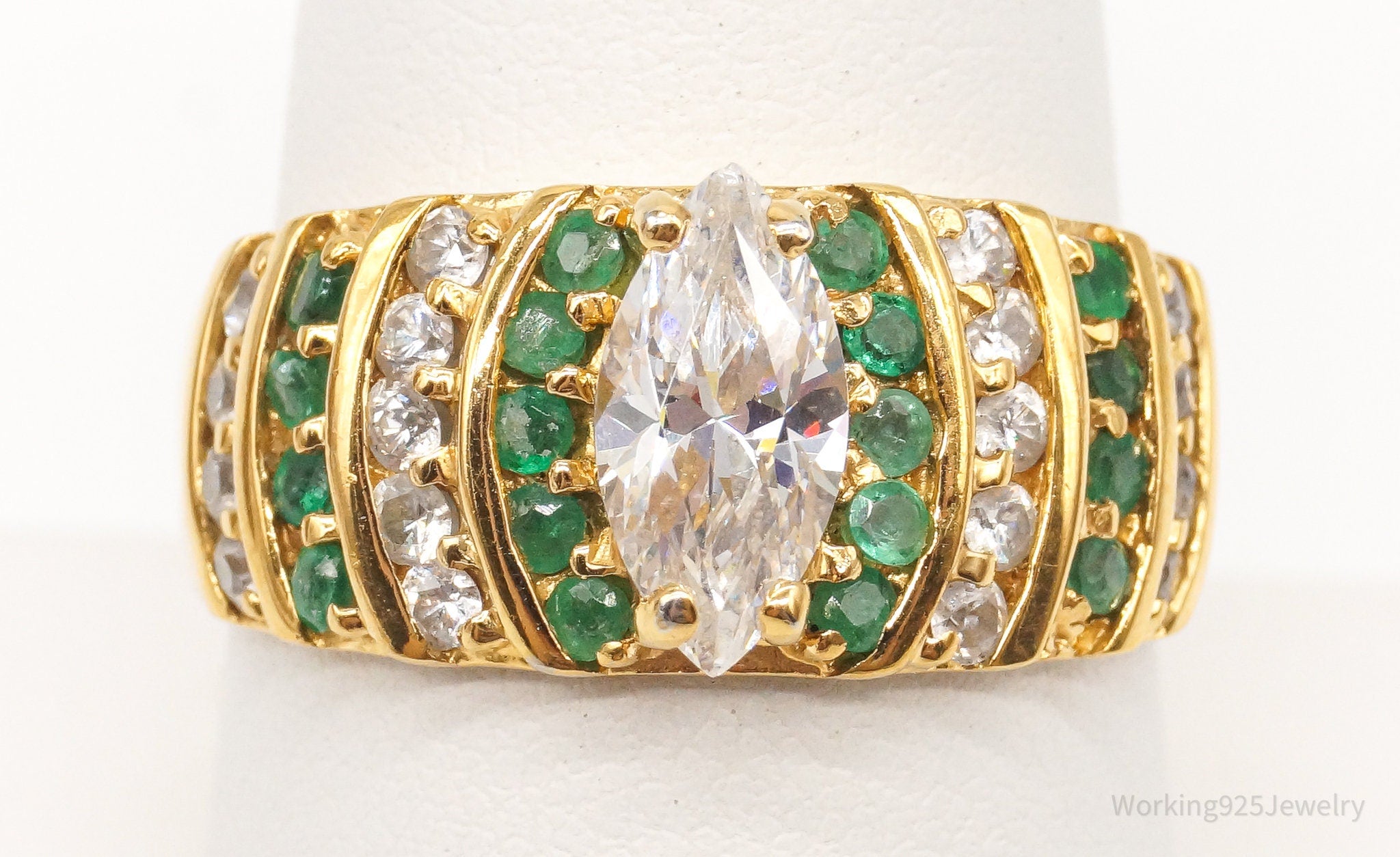 Vintage Emerald Cubic Zirconia Gold Vermeil Sterling Silver Ring Size 8.75