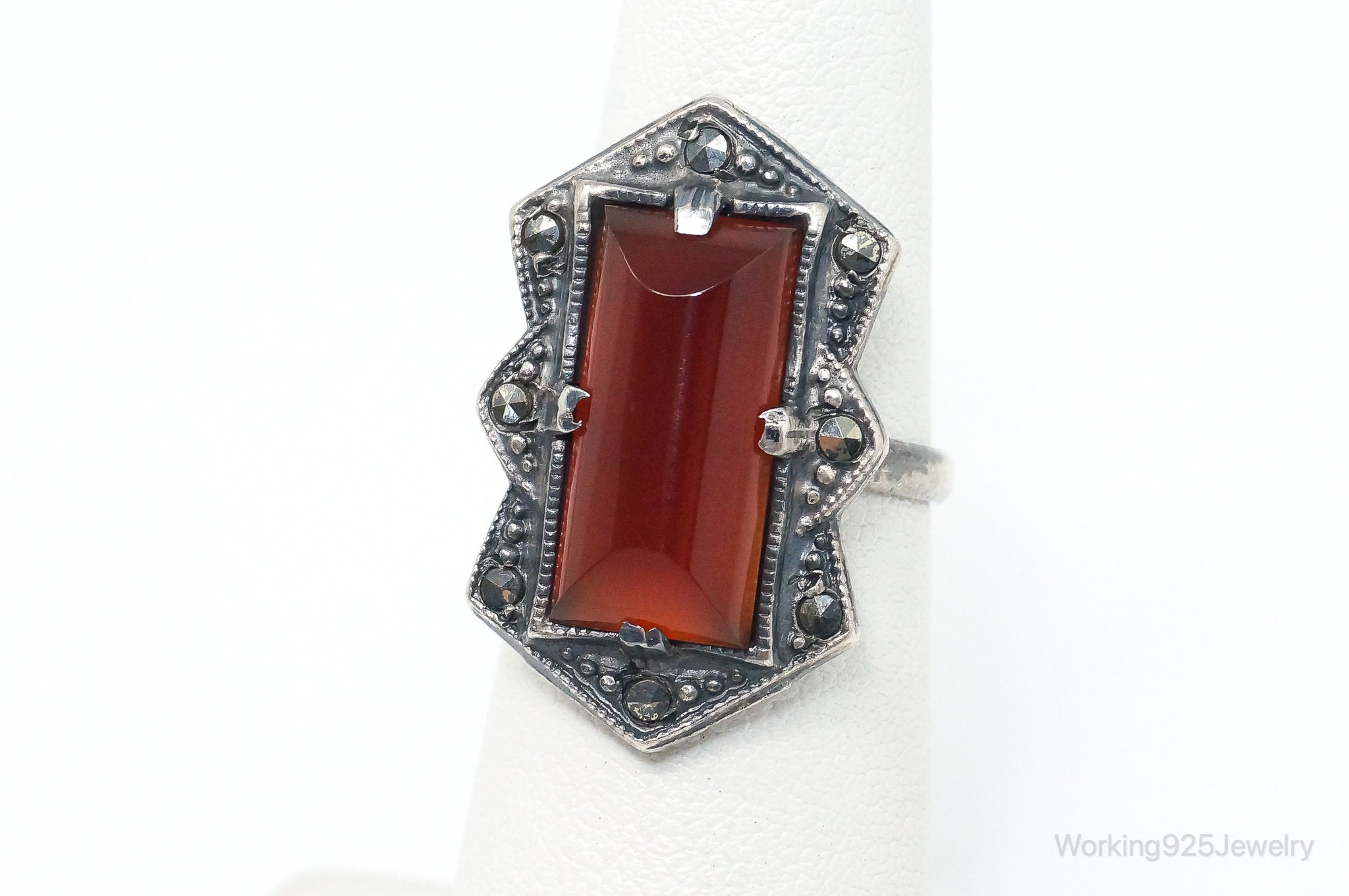 Antique Victorian Carnelian Marcasite Sterling Silver Ring - SZ 4.75