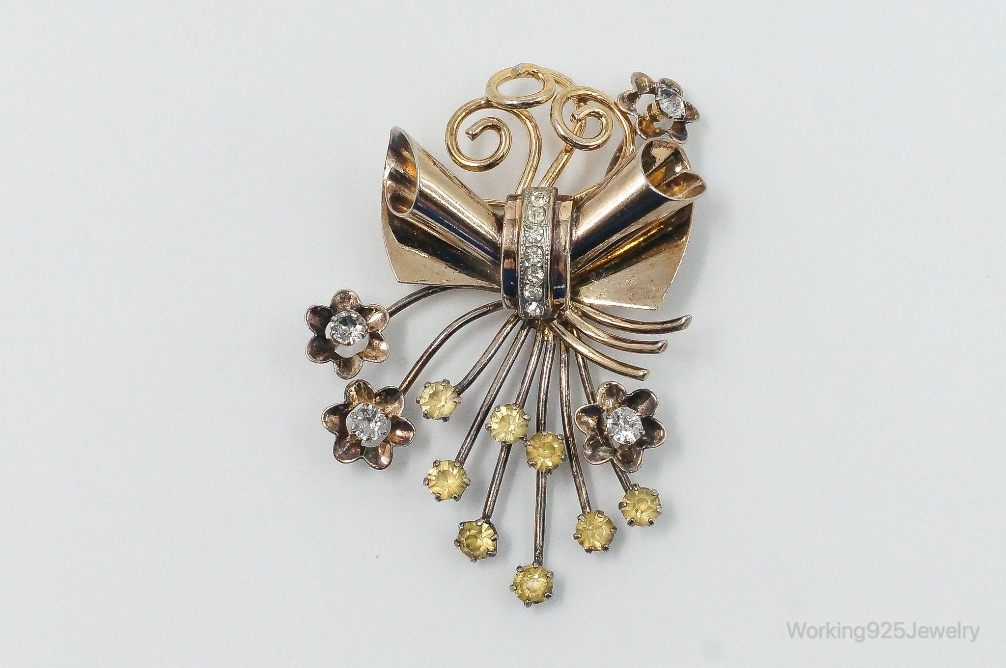 Large Antique Rhinestone Gold Tone Sterling Silver Brooch Pin