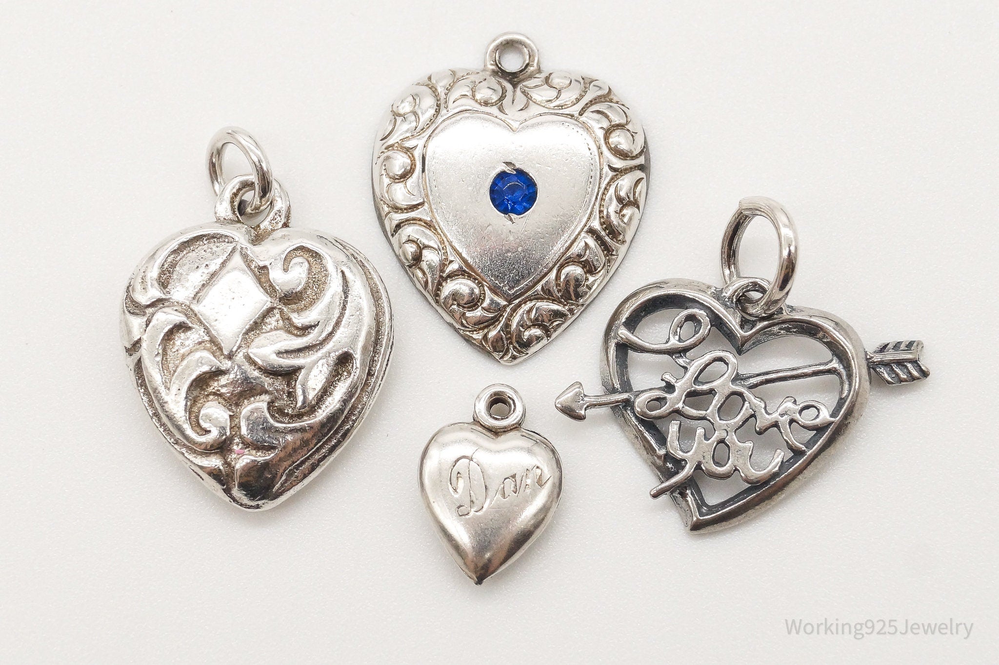 Antique Puffy Hearts Sterling Silver Bracelet Charms Set Lot