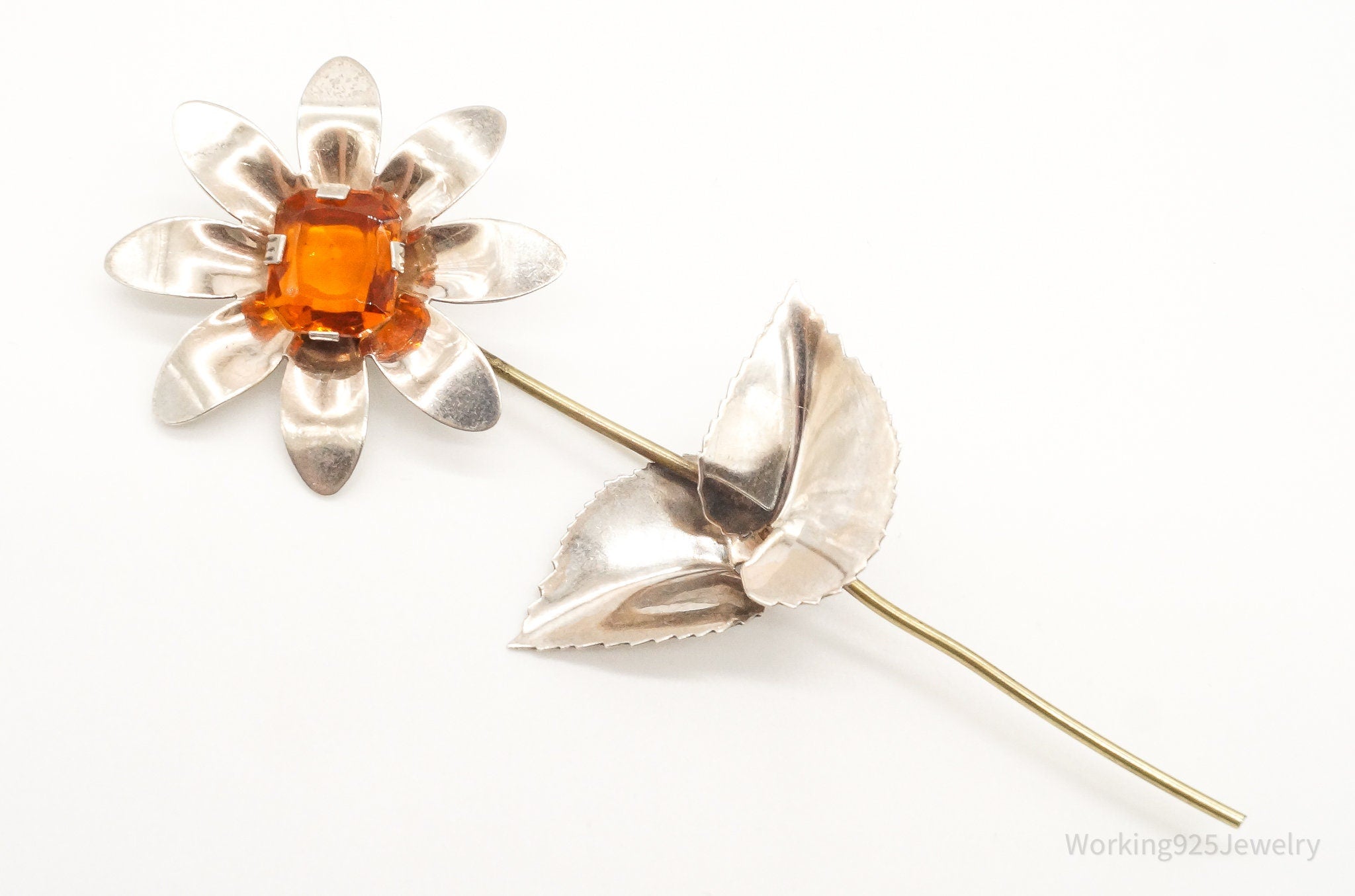 Antique Large Orange Stone Flower Sterling Silver Brooch Pin