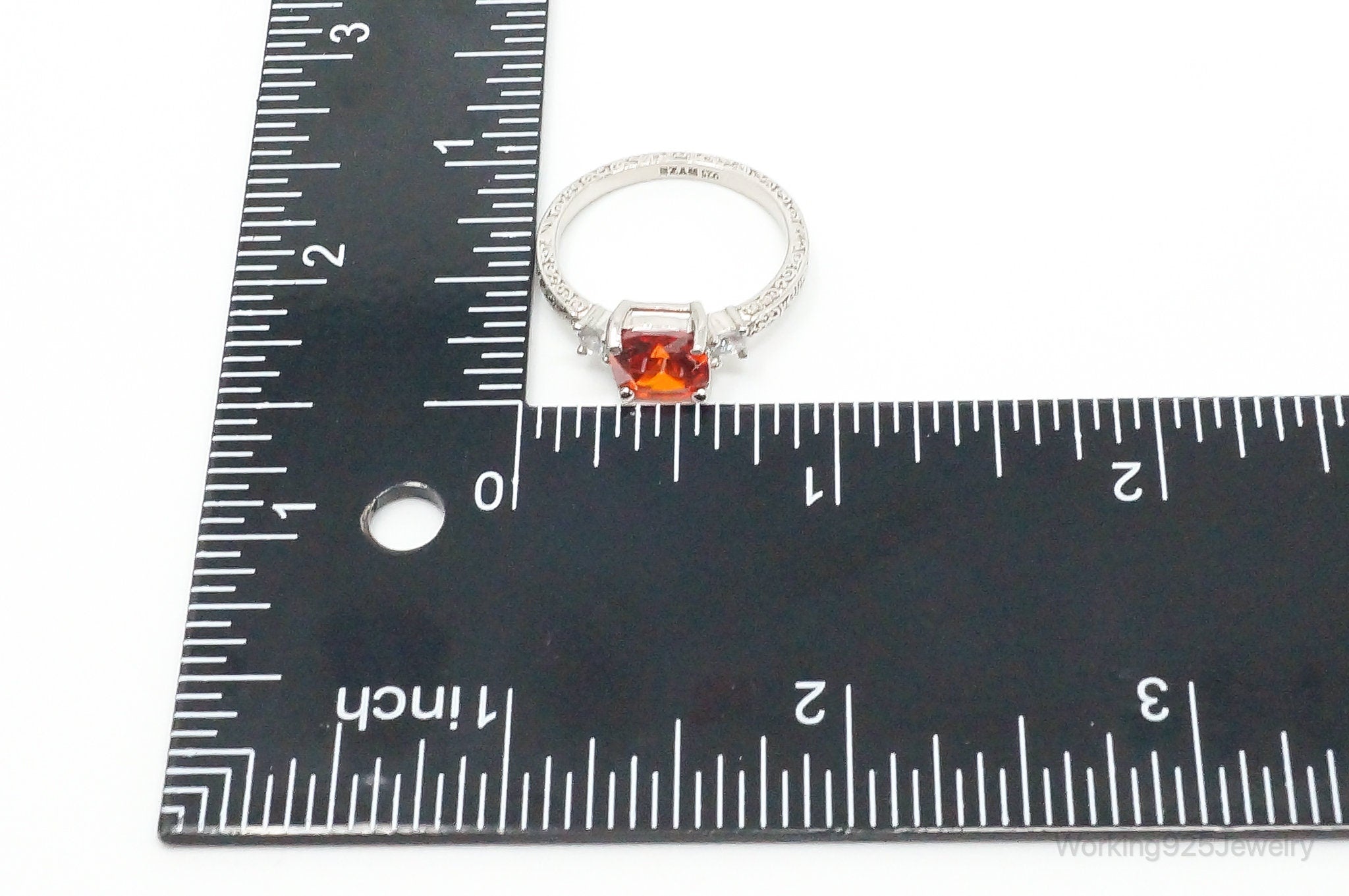 Large Orange Topaz White Cubic Zirconia Sterling Silver Ring - Size 9.25