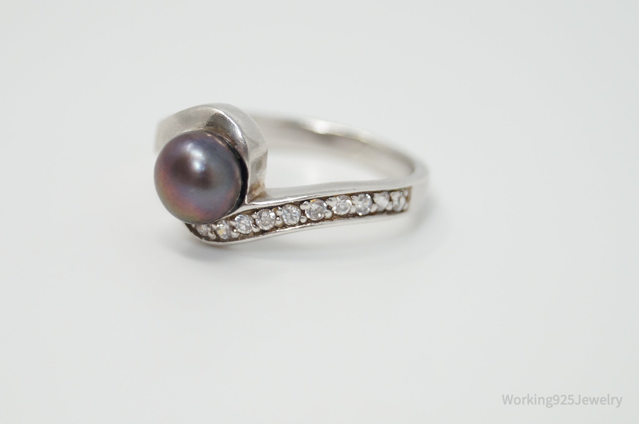 Vintage Designer Chapal-Zenray Tahitian Pearl CZ Sterling Silver Ring - Sz 7.75