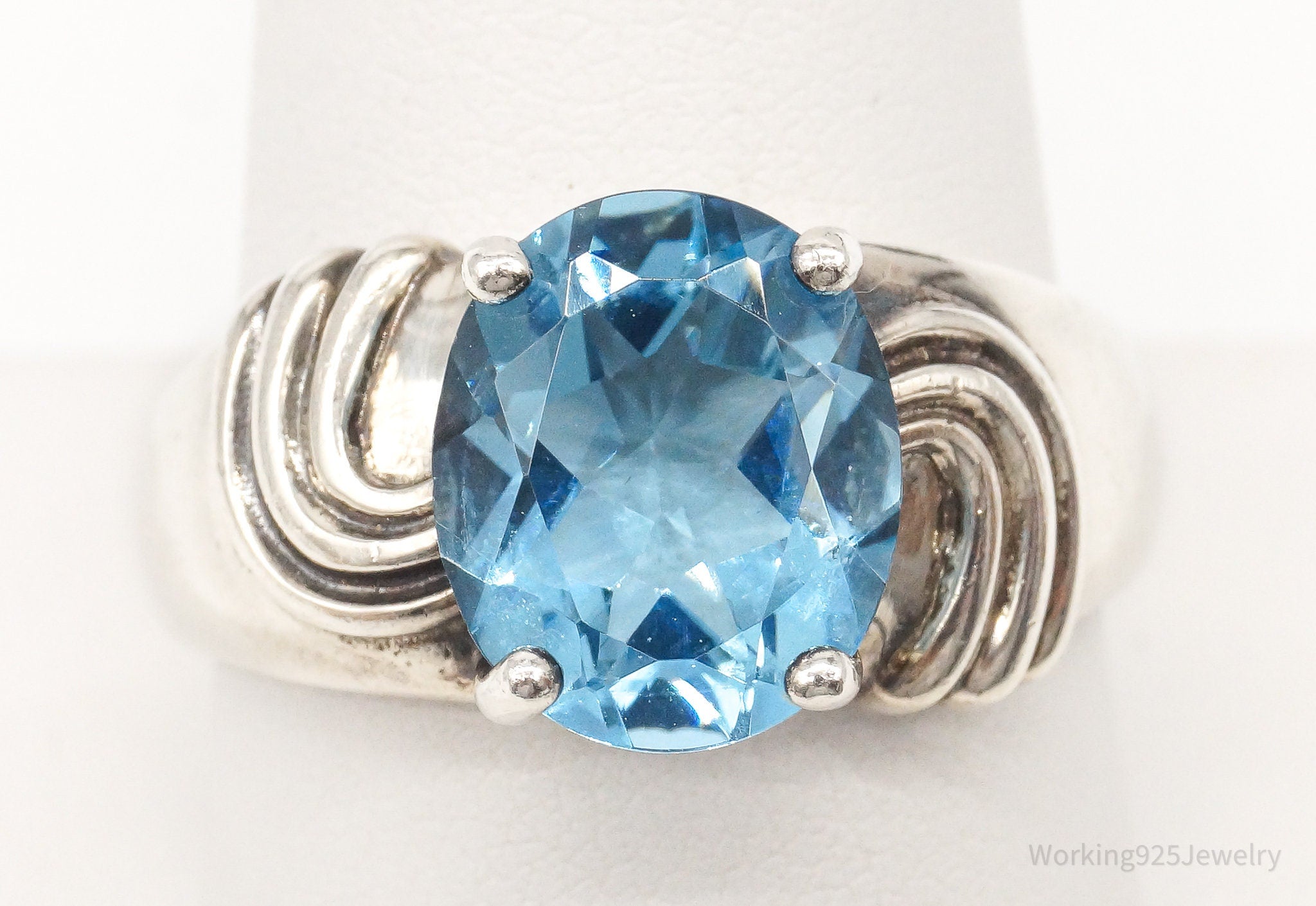 Vintage Large Blue Topaz Sterling Silver Ring - Size 10