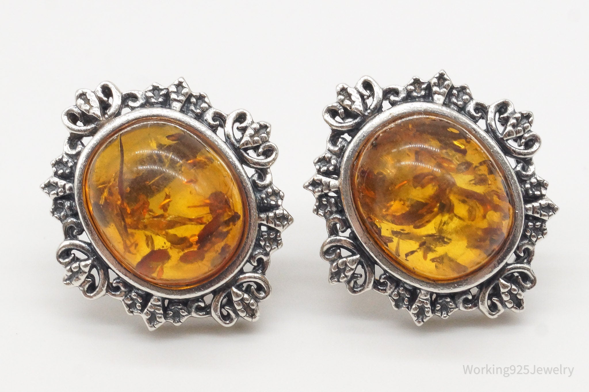 Vintage Amber Sterling Silver Earrings