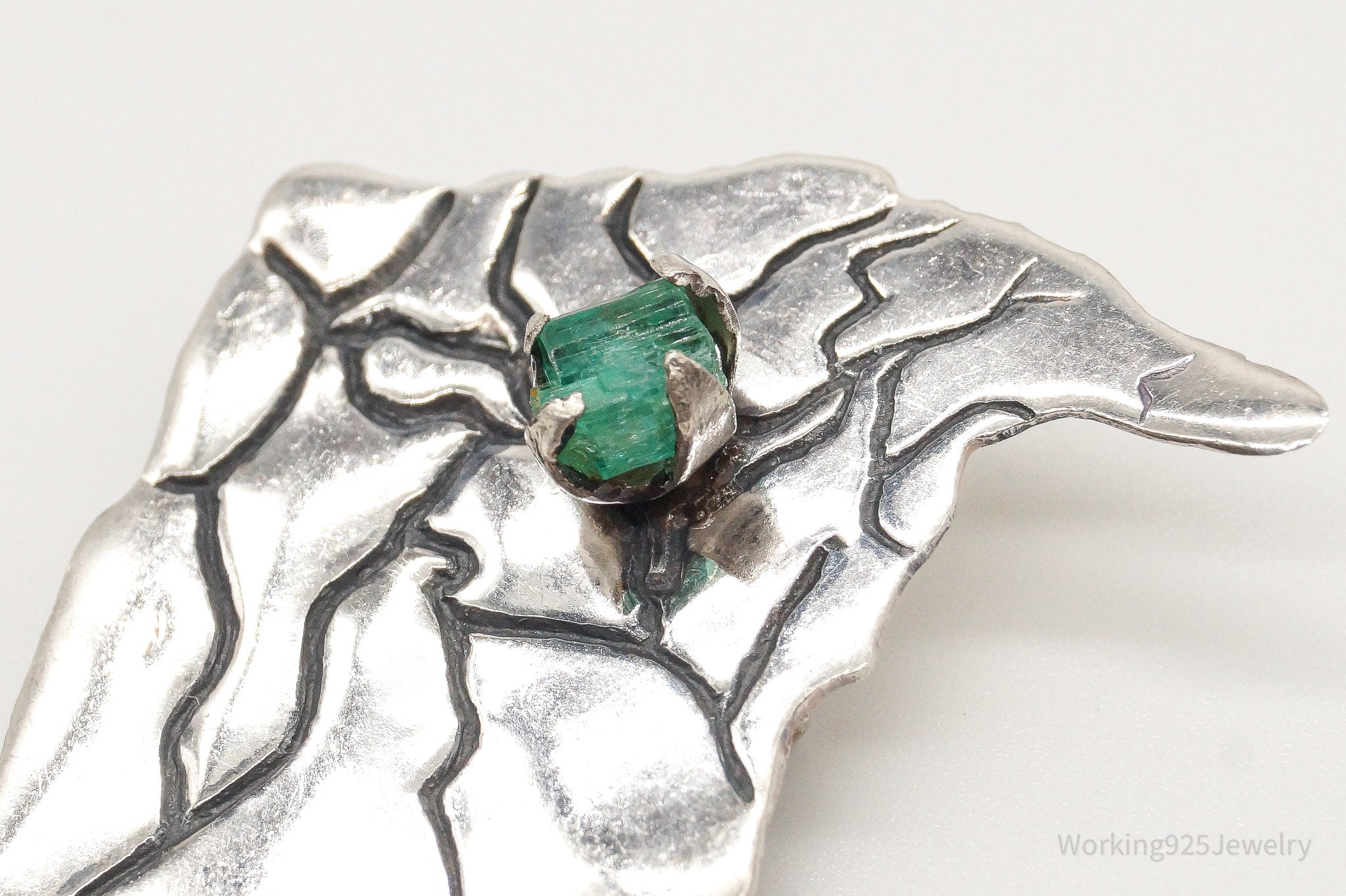 Antique Raw Emerald 900 Silver Brooch Pin