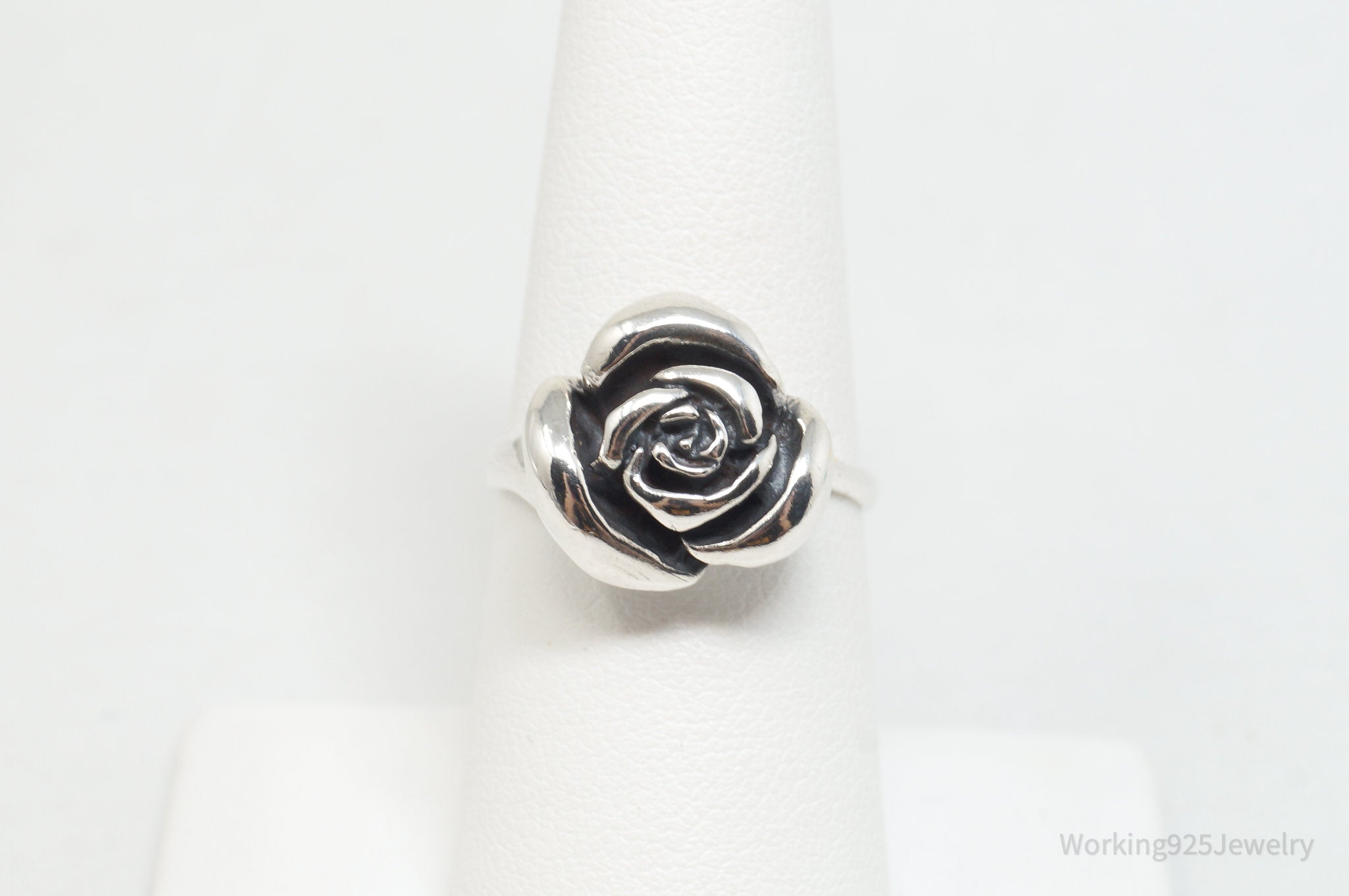 Vintage 3D Rose Flower Sterling Silver Cocktail Ring - Size 7