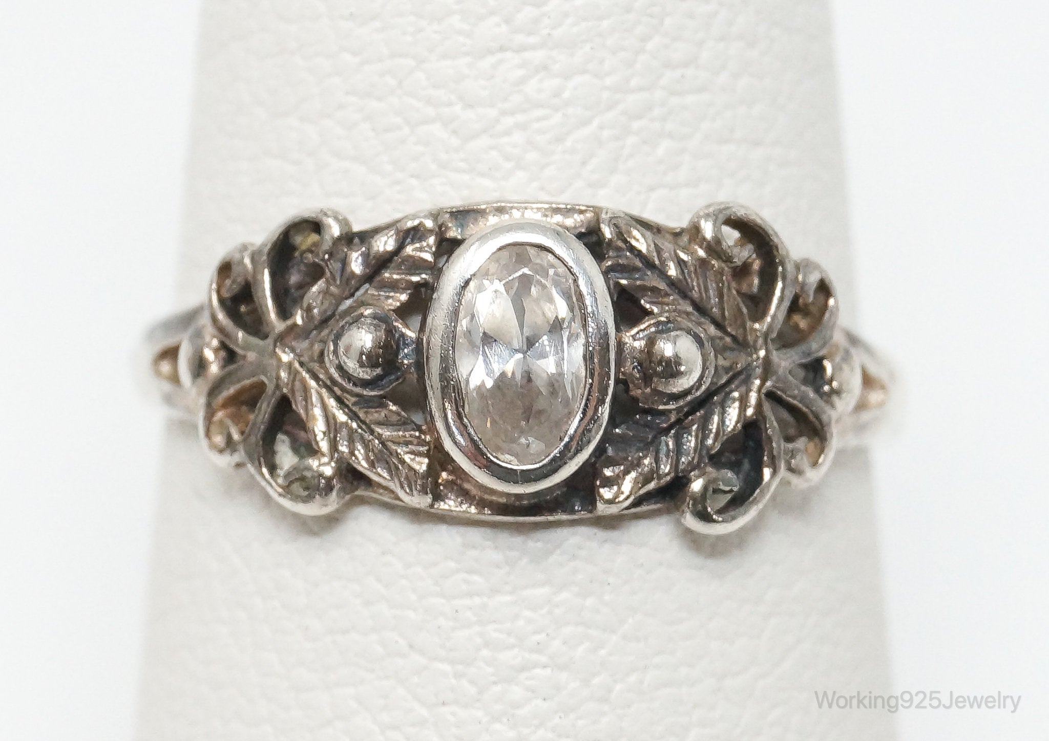 Vintage Cubic Zirconia Floral Sterling Silver Ring - Size 5.75