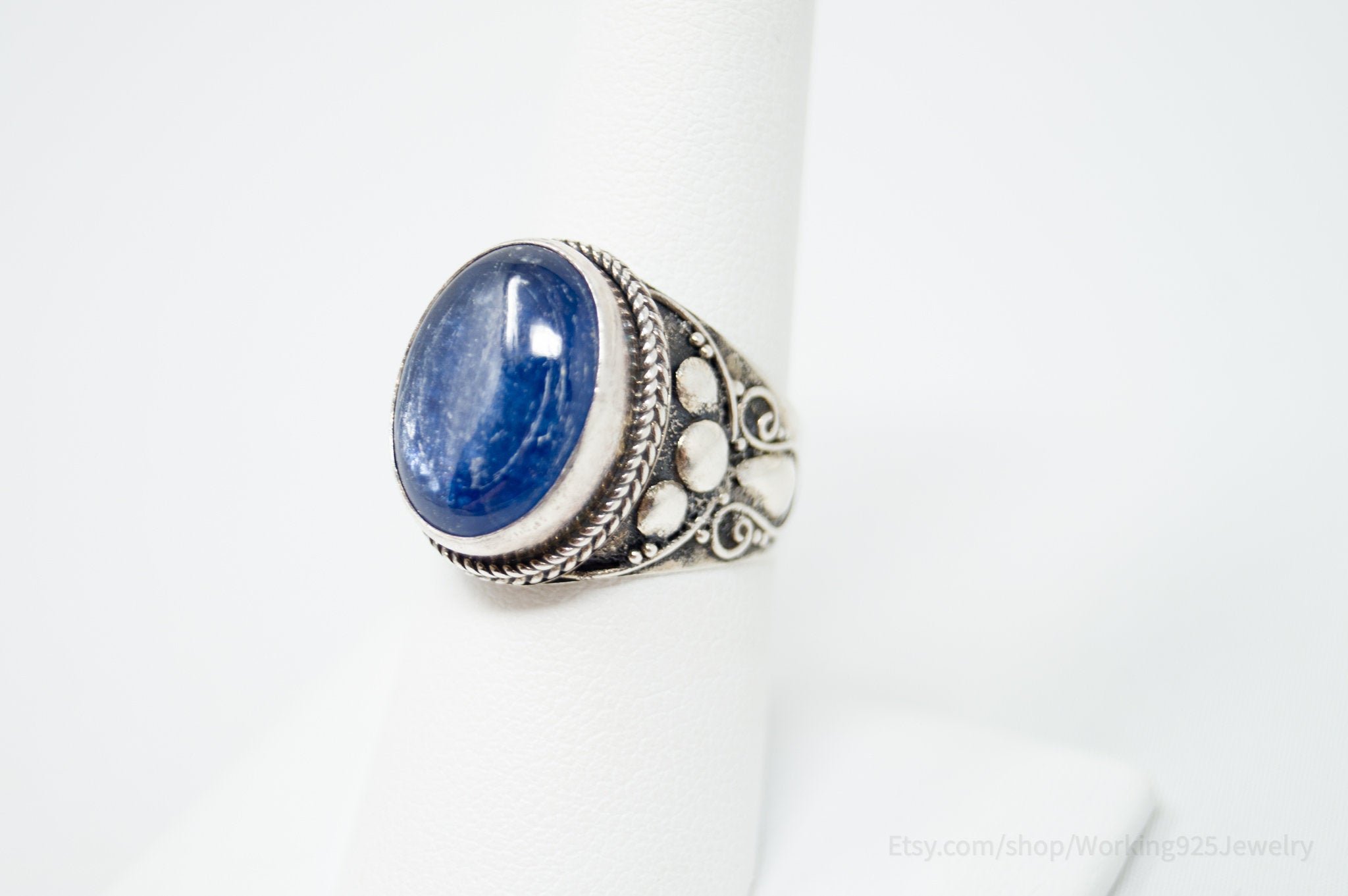 Vintage Bali Style Blue Glass Swirls Filigree Sterling Silver Band Ring - Size 8