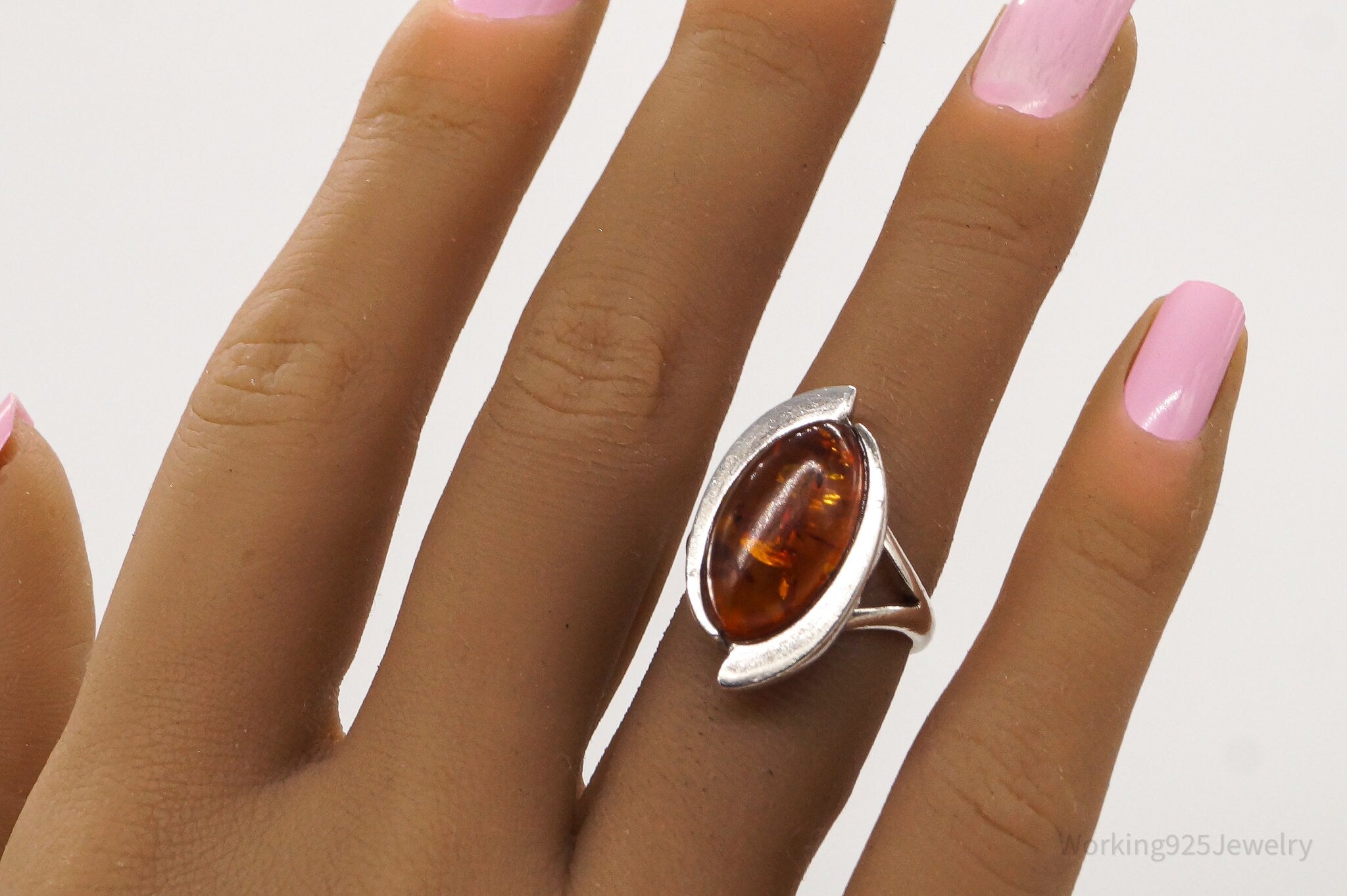 Vintage Baltic Amber Modernist Sterling Silver Ring - Size 6.25