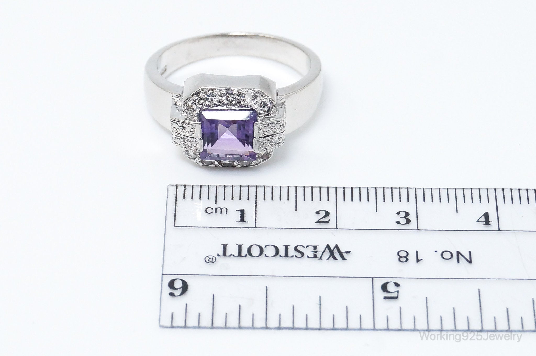 Vintage Amethyst Cubic Zirconia Art Deco Sterling Silver Ring - SZ 10.25