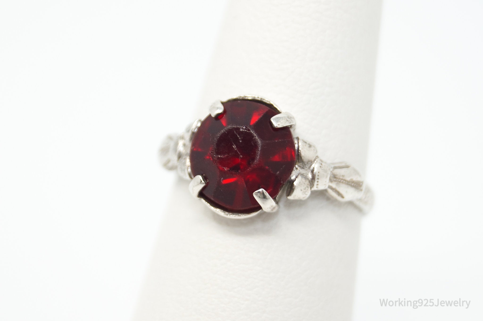 Antique Designer Clark & Coombs Deep Red Rhinestone SterlingSilver RingSize 5.25