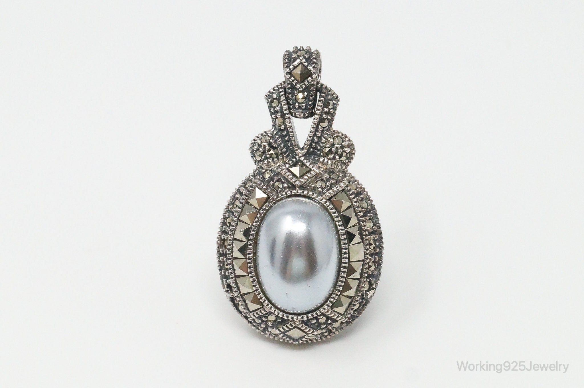 Large Vintage White Blue Pearl Marcasite Reversible Sterling Silver Pendant