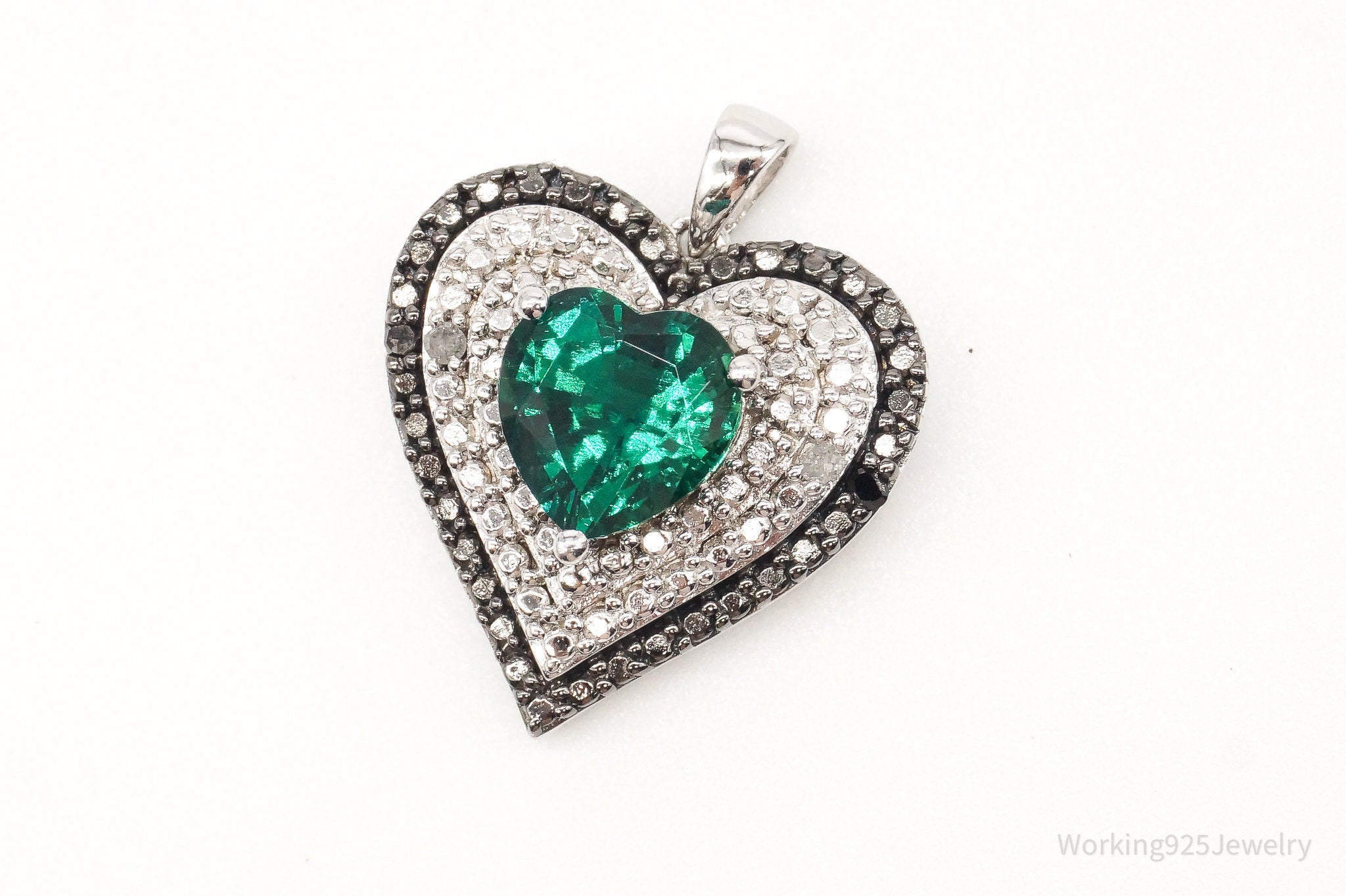 Vintage Green Topaz 2 White & 2 Black Diamond Heart Sterling Silver Pendant