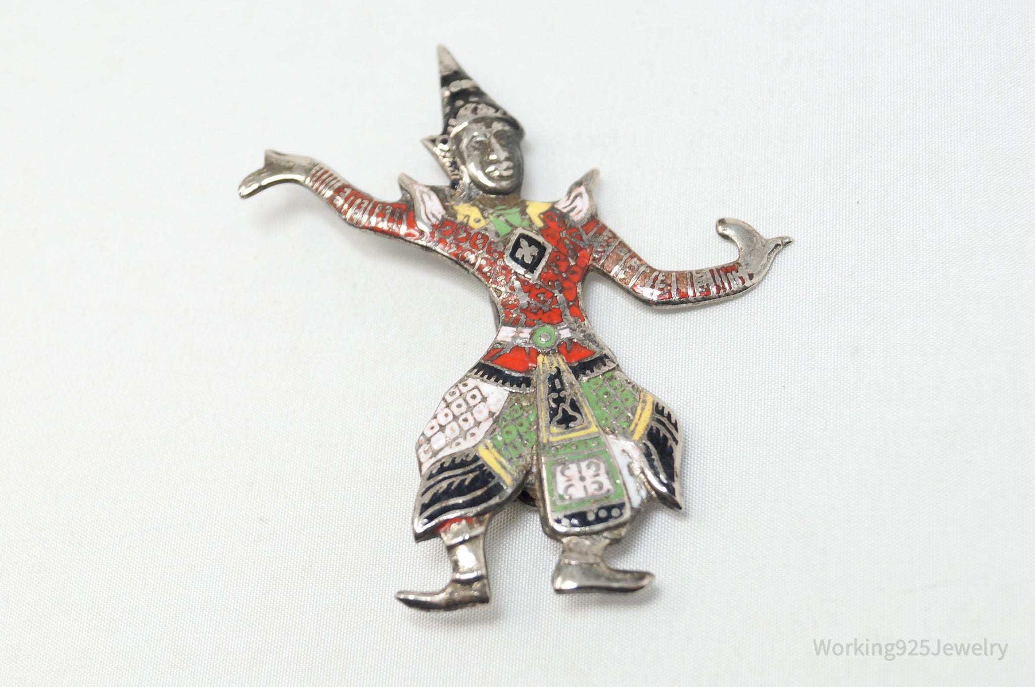 Large Vintage Thai Dancer Goddess Enamel Sterling Silver Brooch Pin