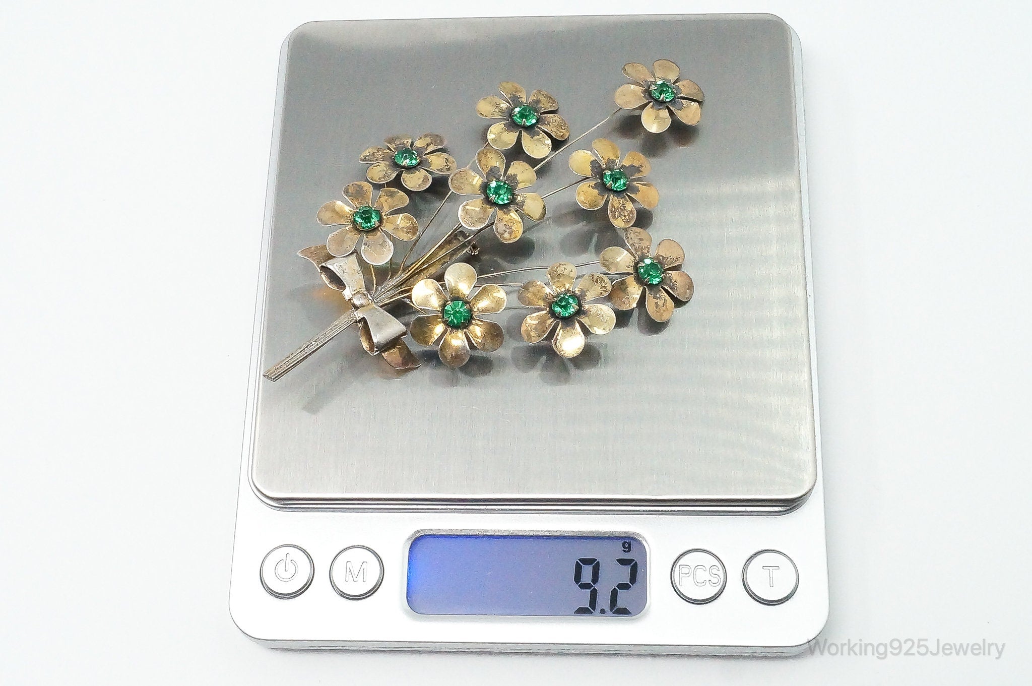 Large Vintage Green Rhinestone Flowers Gold Tone Sterling Silver Brooch Pin