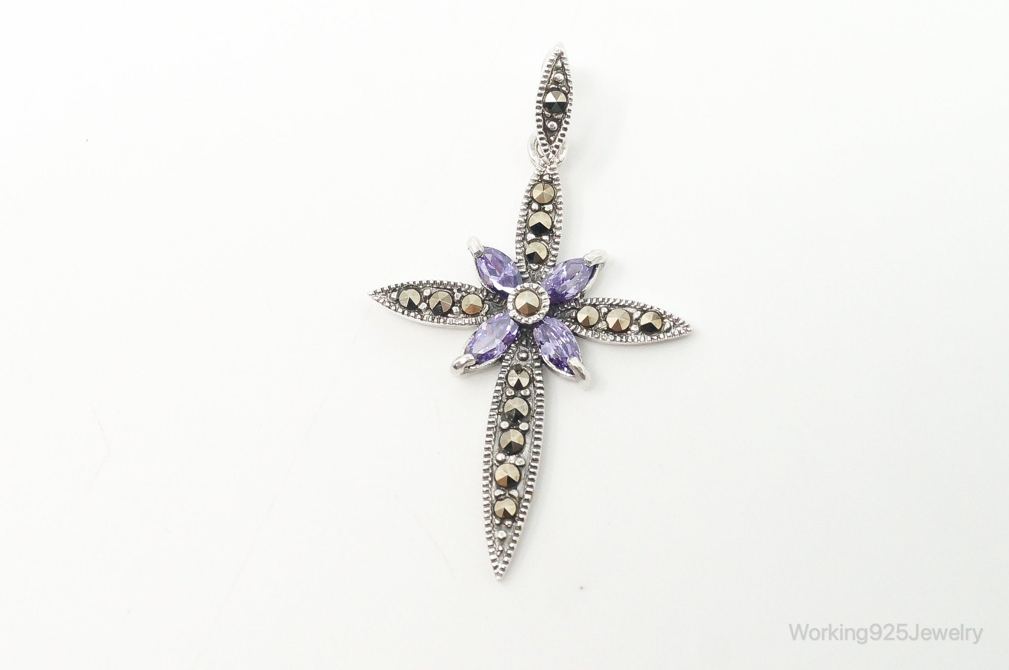 Large Vintage Amethyst Marcasite Cross Sterling Silver Pendant