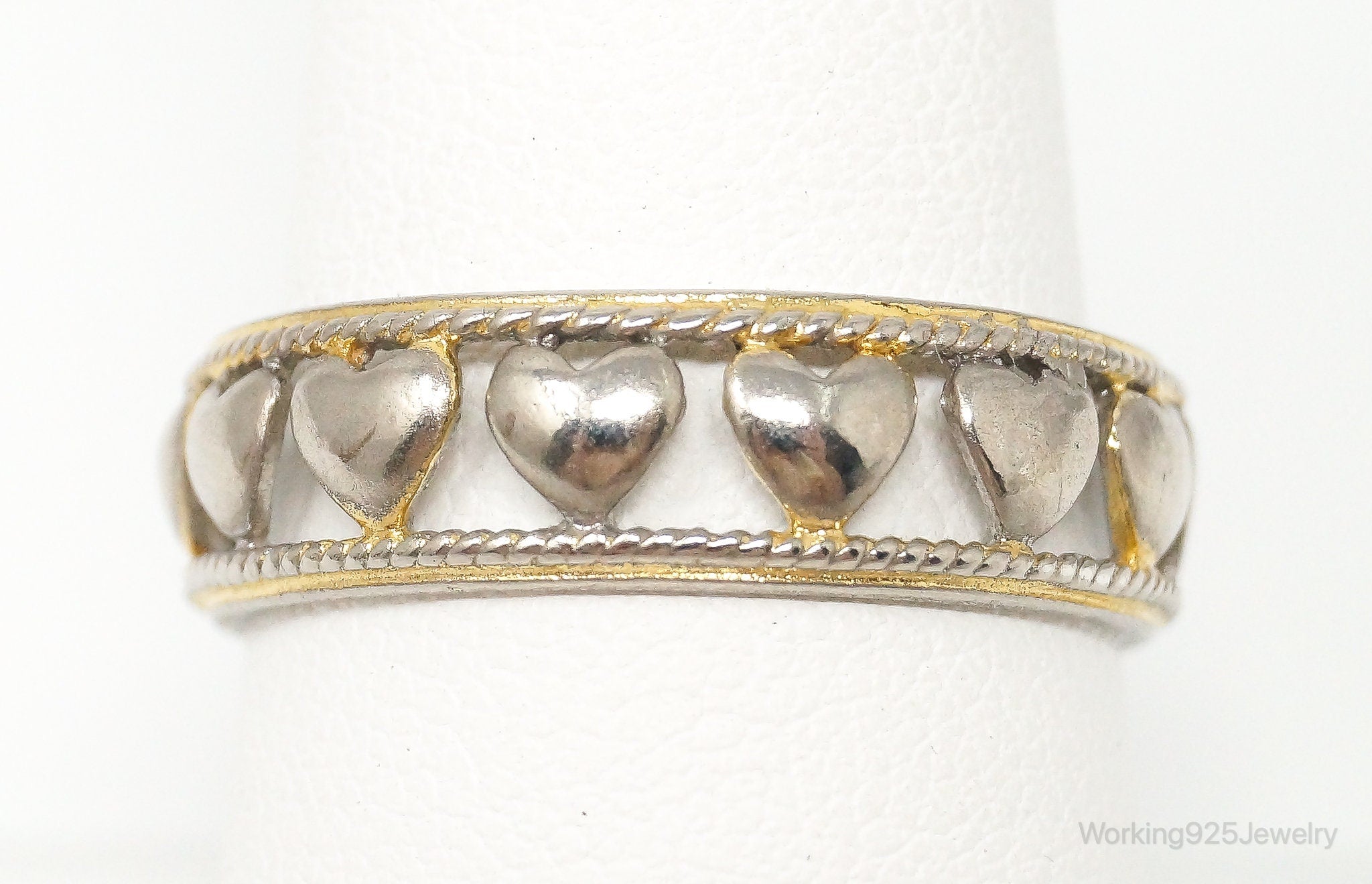 Vintage Heart Pattern Gold Wash Sterling Silver Band Ring - Size 9