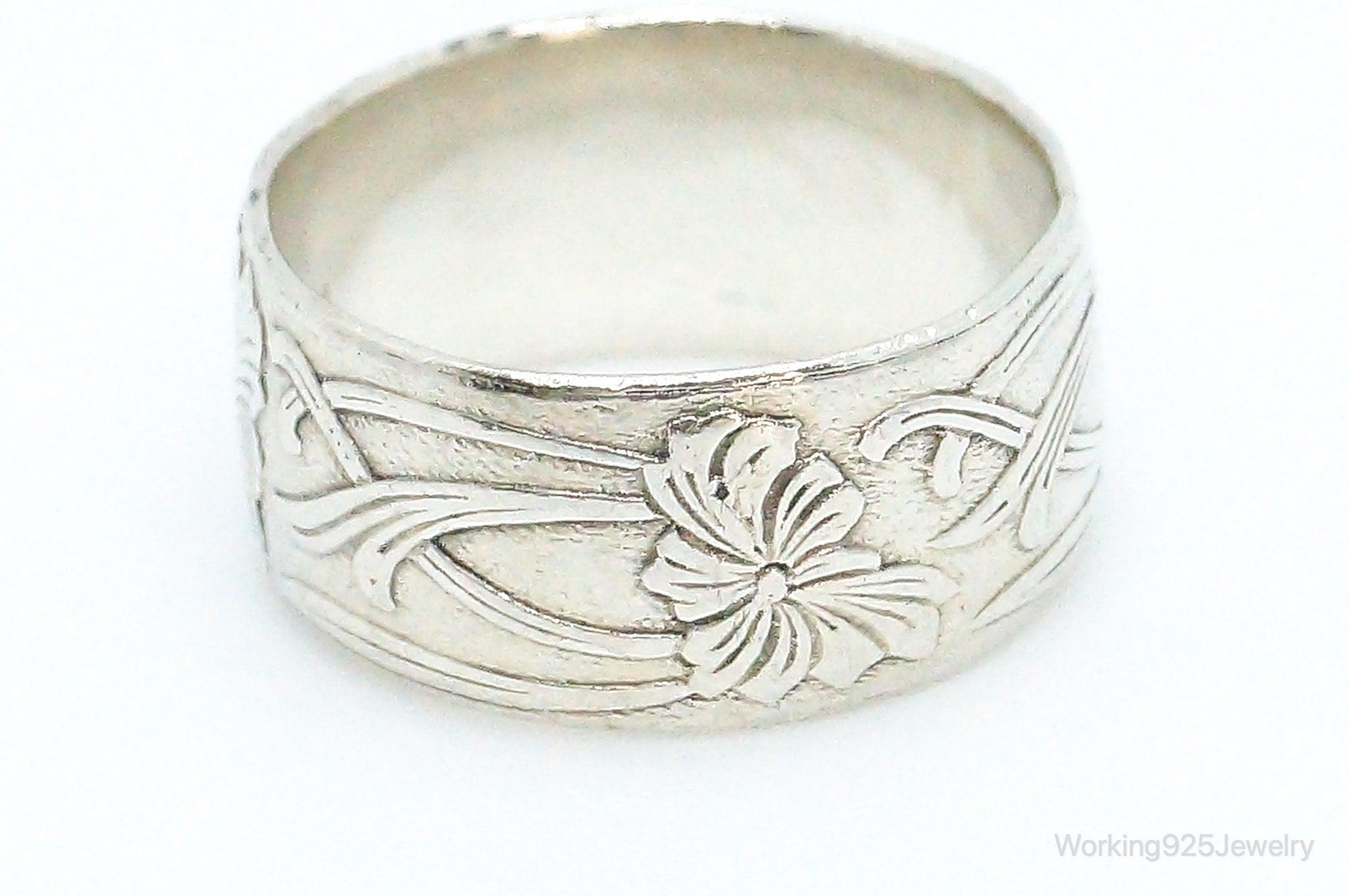 Antique Floral Design Sterling Silver Band Ring - Size 4.5