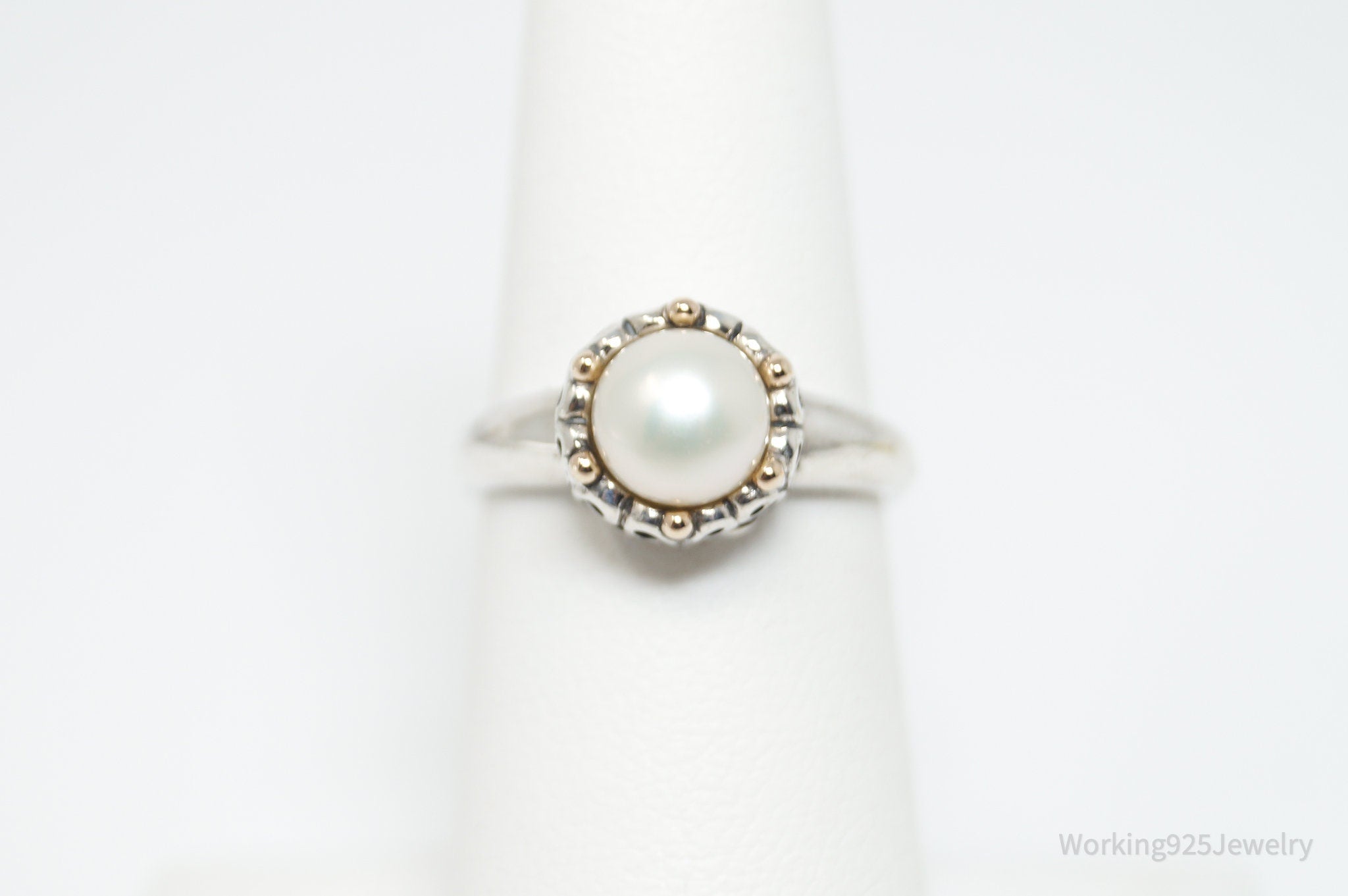 Vintage Designer ATR 14K Gold Pearl Sterling Silver Ring - Size 5.75