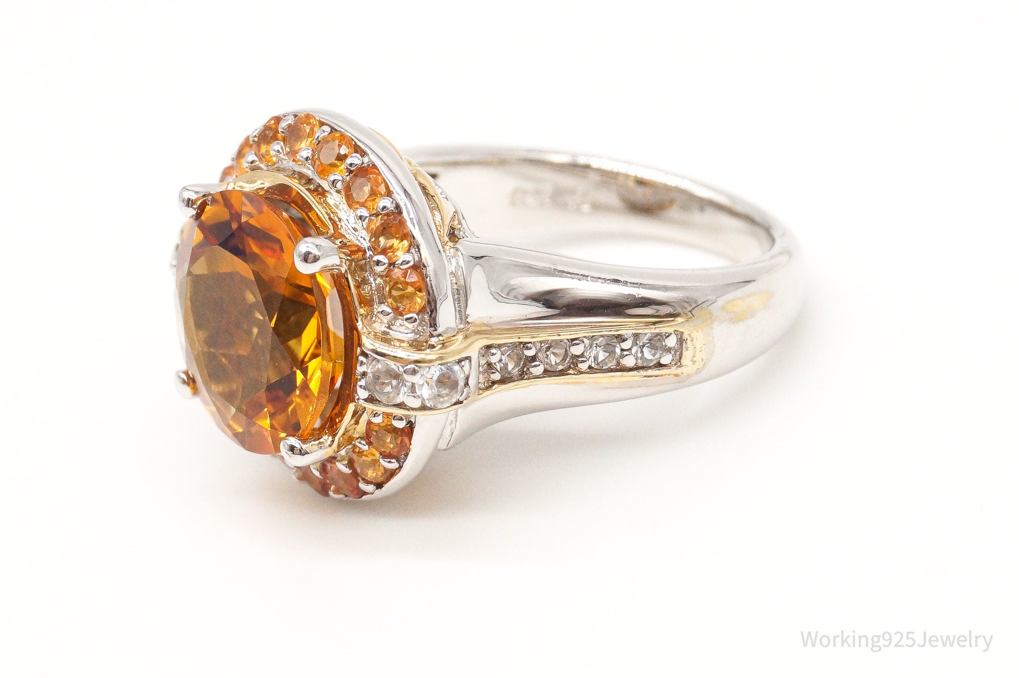 Large Citrine Cubic Zirconia Gold Vermeil Sterling Silver Ring - Size 6