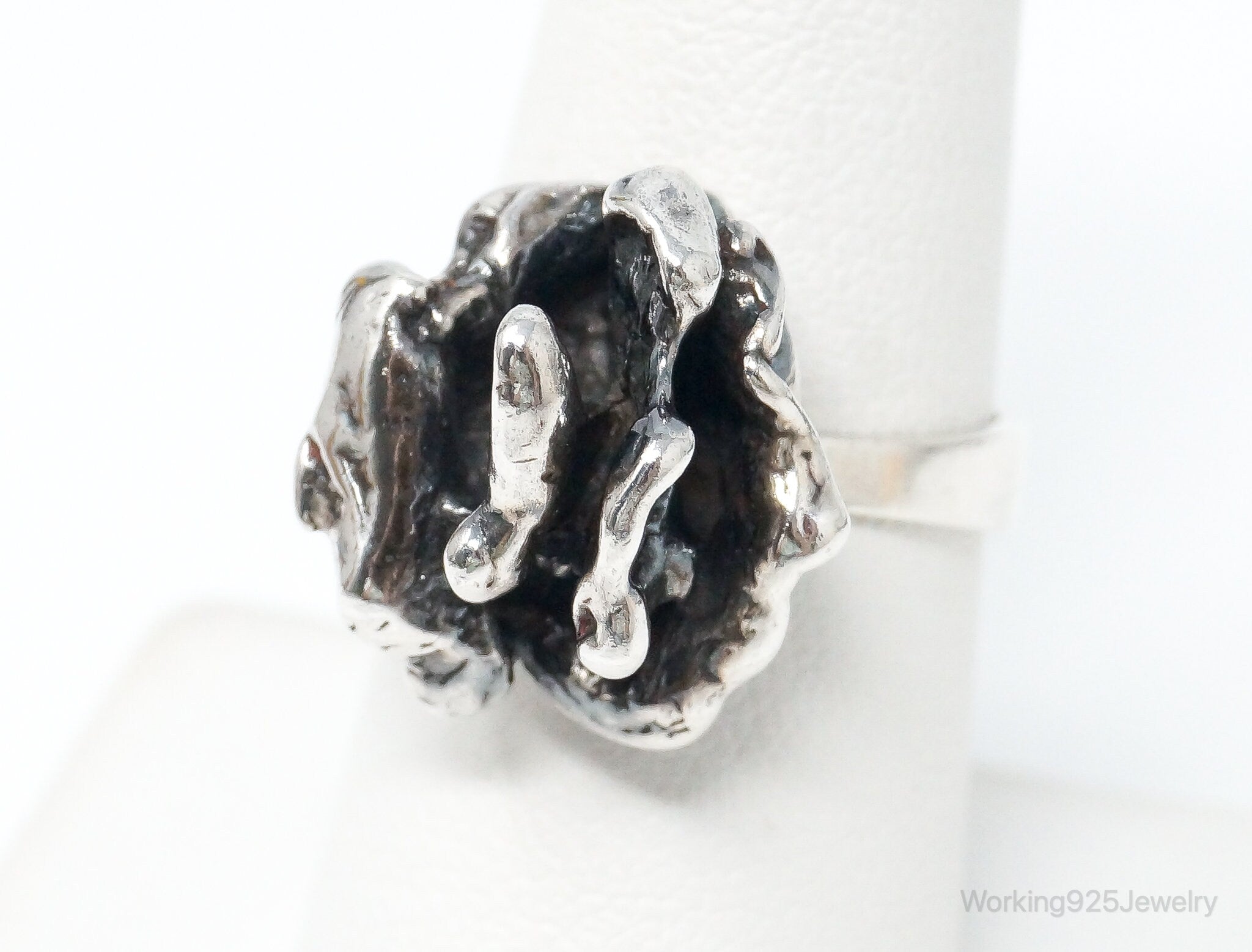 Vintage Brutalist Flower Sterling Silver Ring - Size 7.75